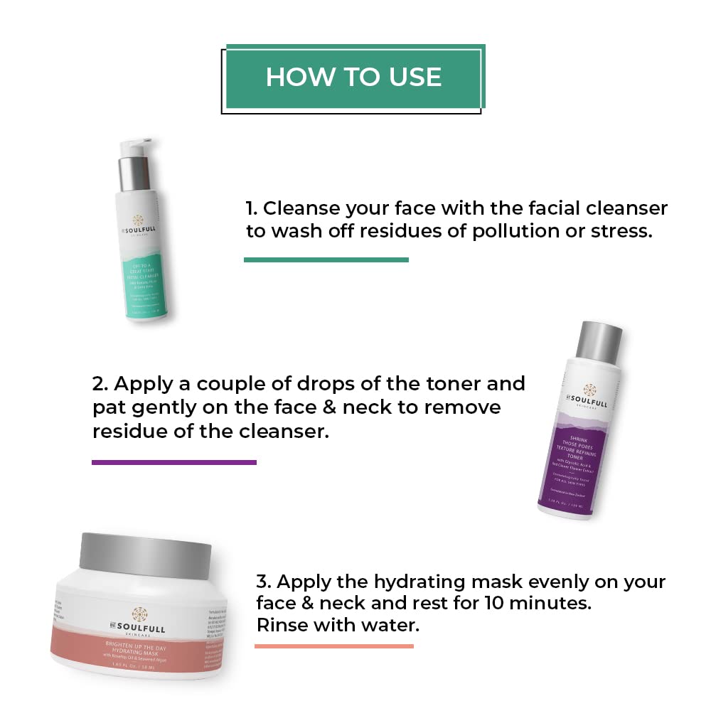 BE SOULFULL Complete 5-Step Skincare Set - Gentle Facial Cleanser, Hydrating Toner, Revitalizing Mask, Anti-Aging Serum & Nourishing Moisturizer | Daily Skincare Routine for Glowing Skin at Home