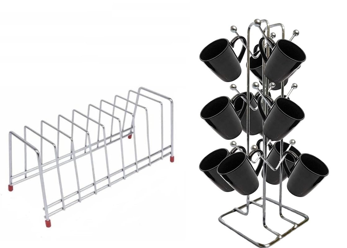 Zepdos Stainless Steel Square Plate Rack with Cup Holder & Lid Stand - 9 Plate Organizer for Kitchen Countertop (Pack of 2) | Perfect for Dish Drying, Thali Storage & Space-Saving Kitchen Organization