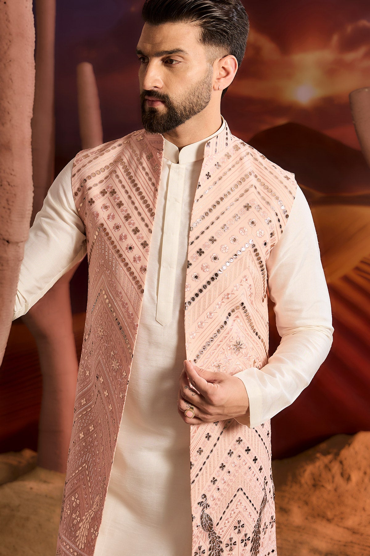 Elegant Light Pink Long Open Shrug with Intricate Leather Patchwork Floral & Animal Motifs - Perfect for Boho Chic Outfits and Evening Wear