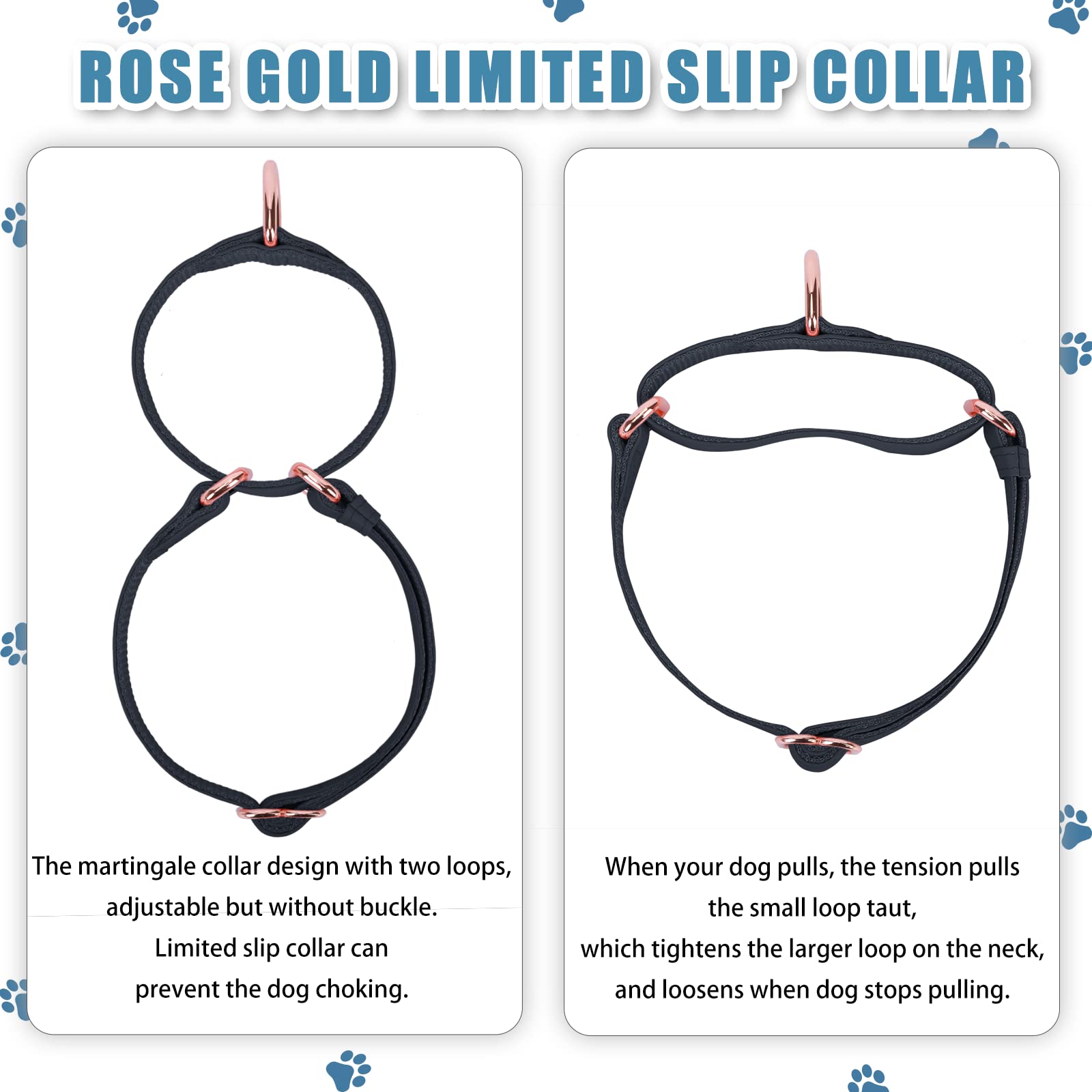 Premium Soft Leather Martingale Dog Collar - Adjustable Rose Gold Slip Collar for Training | Durable No-Pull Nylon Design for Small, Medium & Large Dogs | Easy to Clean & Stylish | Perfect for Daily Walks, Training Sessions & Outdoor Adventures (Black)