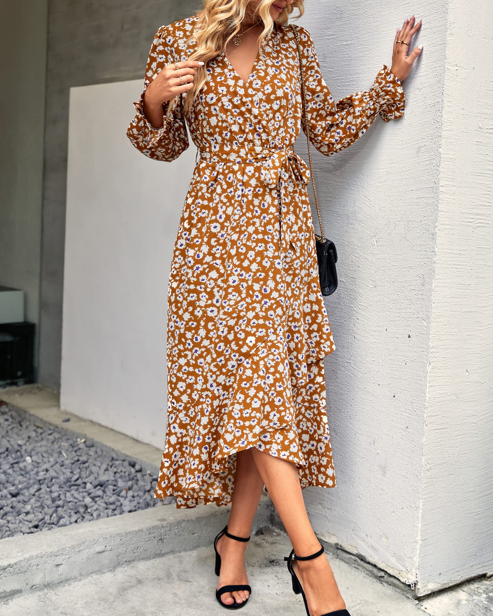 BTFBM Women's Long Sleeve Floral Dress - V Neck High Waist Ruffle Boho Maxi Dress for Spring Summer 2025 | Wedding Guest Dress, Garden Party, Date Night & Special Occasions