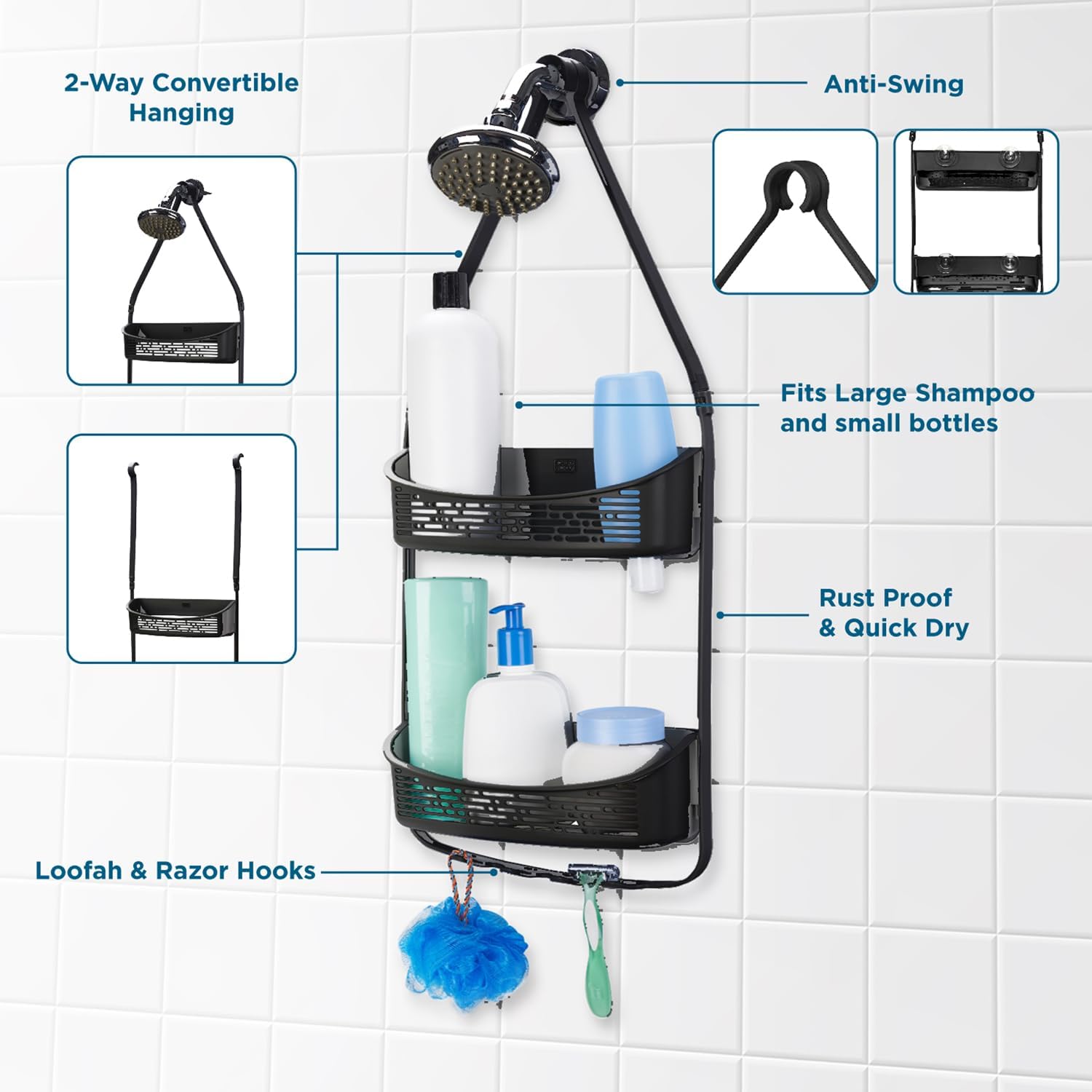 BLACK+DECKER 2-Way Convertible Hanging Shower Caddy with Anti-Swing Design - Adjustable Arm Over The Door Organizer with Loofah & Razor Hooks - Perfect for Storing Large & Small Bottles, Toiletries & Bath Accessories - Ideal for Bathroom Organization & Space Saving