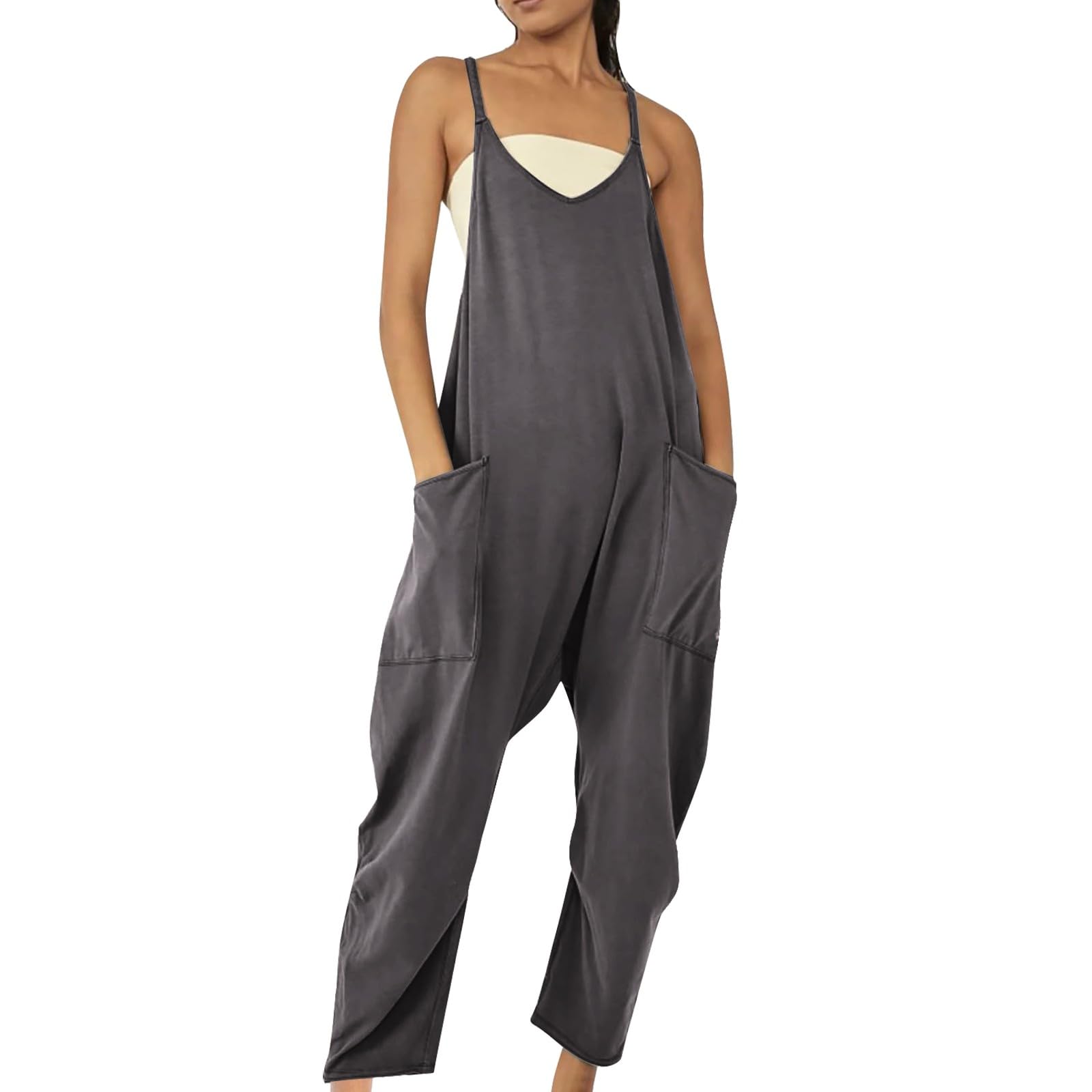 Best Sellers 2024 Women's V-Neck Sleeveless Loose Spaghetti Strap Romper - Baggy Jumpsuit with Pockets | Casual Summer Overalls for Women (Large, Gray) | Perfect for Beach Outings, Music Festivals & Everyday Comfort