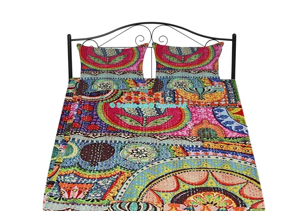 Sophia-Art Bohemian Hand Block Ajrak Vintage Print Bedspread | Kantha Bed Cover & Sofa Cover | Hand-Stitched Throw Quilt (Multi Print, California King 108x108 Inches with Sham Cover) | Perfect for Boho Bedroom Decor, Guest Room Accent & Cozy Living Room Throw