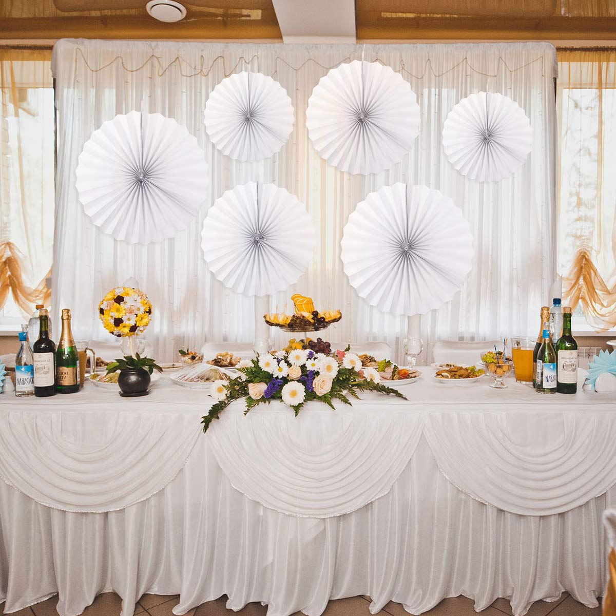 6Pcs White Hanging Paper Fans - Elegant Wedding & Party Decorations for Indoor/Outdoor Events, Birthday, Bridal Shower, and Home Decoration