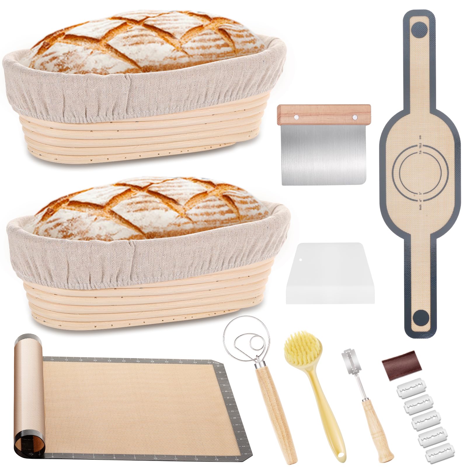 2-Pack 10 Inch Oval Bread Proofing Baskets with Dough Whisk & Cleaning Brush – Sourdough Starter Kit, Perfect Baker's Gift for Artisan Bread Making at Home
