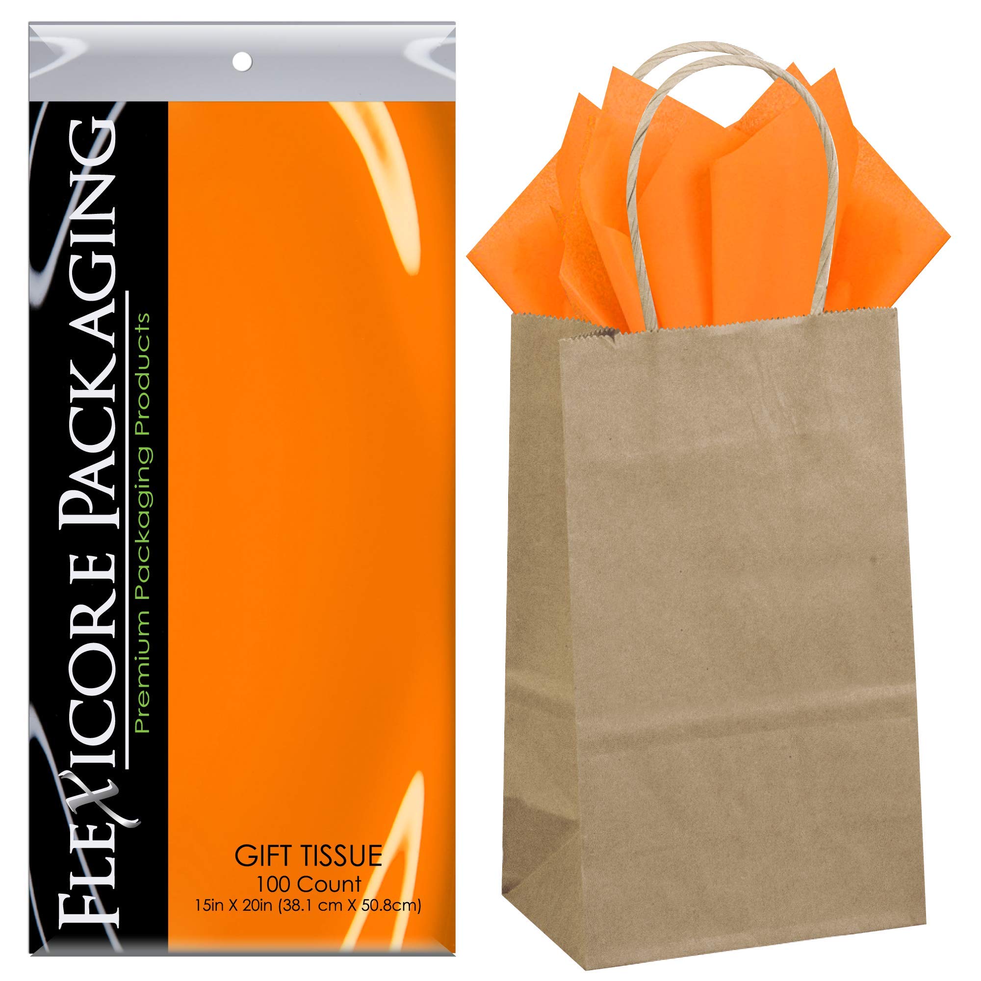 Flexicore Packaging® 50-Pack Natural Brown Kraft Paper Gift Bags with 100-Piece Tangerine Orange Tissue Paper Set - Perfect for Birthday, Wedding & Party Favor Packaging