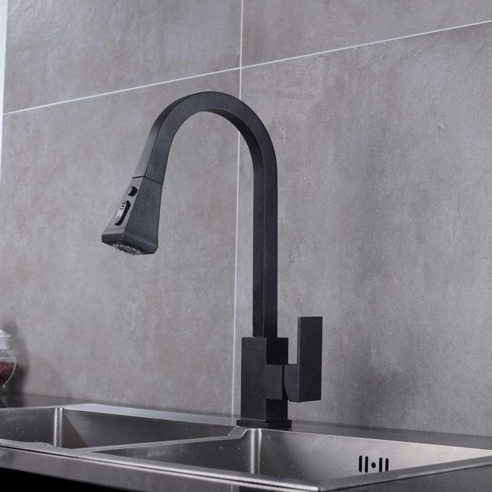 Black Pull Down Sprayer Kitchen Faucet with Copper Sink - Hot & Cold Water Telescopic Faucet for Modern Kitchens | Perfect for Washing Dishes, Filling Pots & Cleaning Sinks