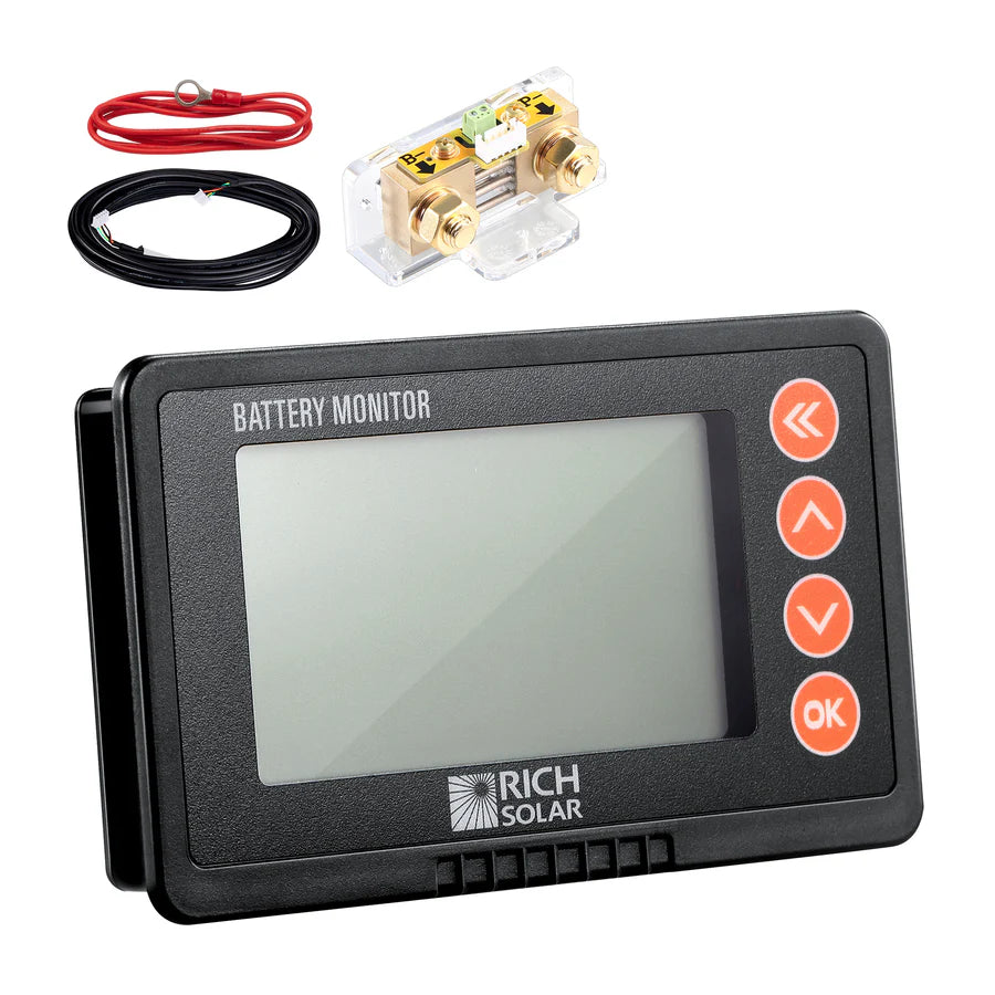 RICH SOLAR 500A Battery Monitor with LCD Display - 8~120V RV Battery Monitor for Car, Boat, Solar System - Track Voltage, Current & Power Usage for Efficient Energy Management
