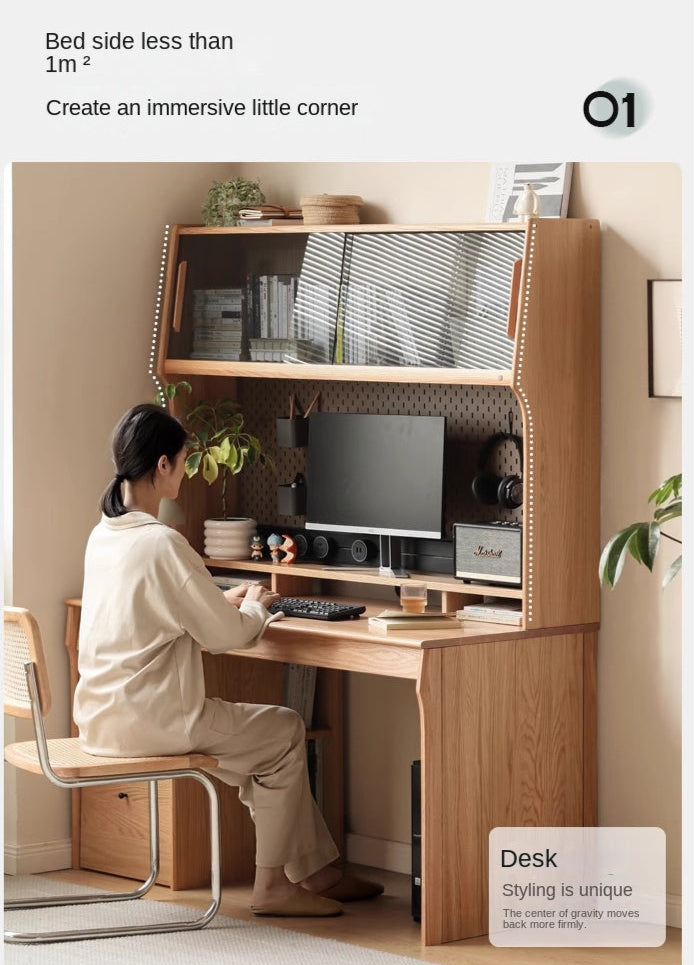 Solid Oak & Cherry Wood Desk Bookshelf with Warm LED Lighting - Perfect for Home Office, Study Room, and Library Organization