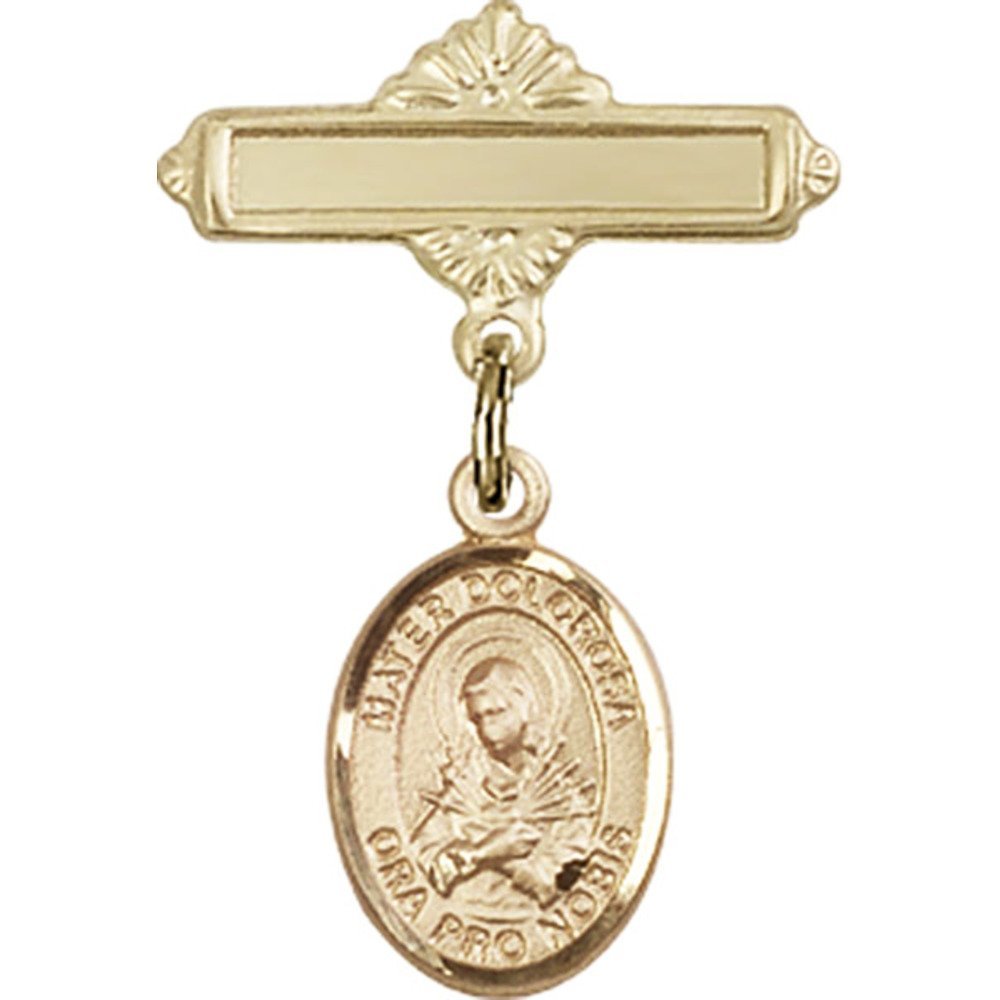 Gold Filled Baby Badge with Mater Dolorosa Charm - 1 X 5/8 Inches Polished Pin for First Communion, Baptism & Christening Gifts - Religious Jewelry for Catholic Babies