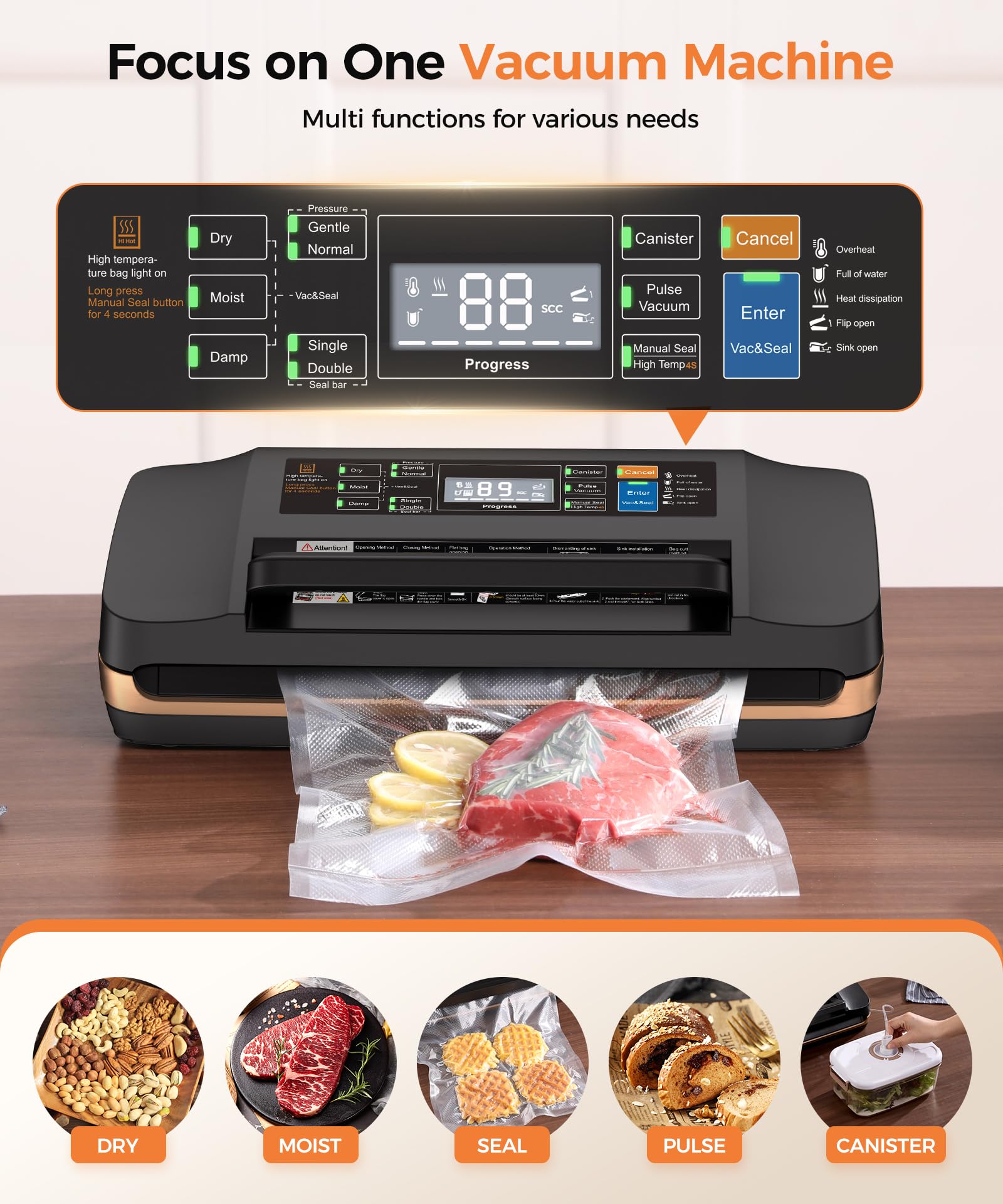 95kPa Commercial Vacuum Sealer Machine - Automatic Food Sealer with Double Heat Seal, Built-in Cutter & Easy-Lock Handle - Includes 1 Bag Roll & 10 Pre-cut Bags for Home Kitchen, Restaurant & Food Storage