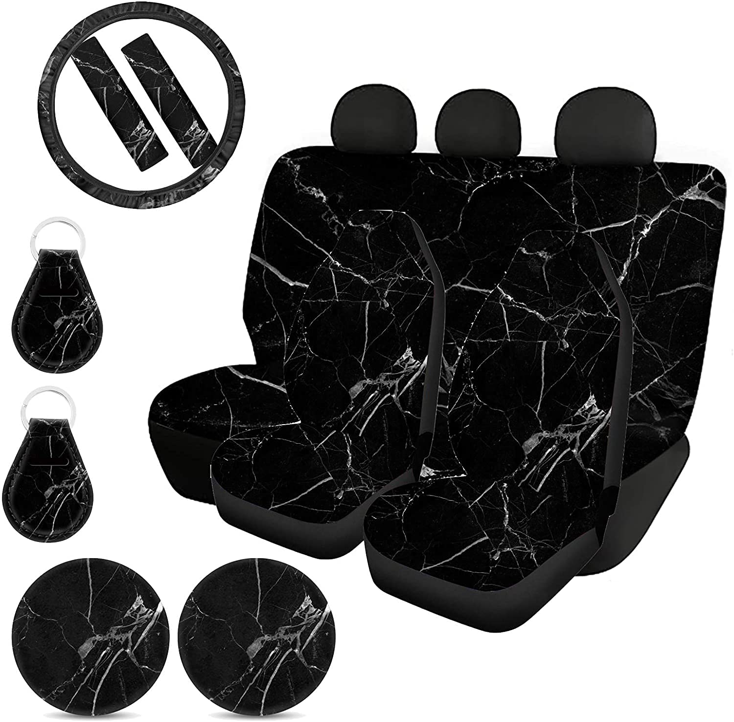 Premium 11-Piece Black Marble Car Seat Cover Set - Front & Rear Seat Protectors + 15