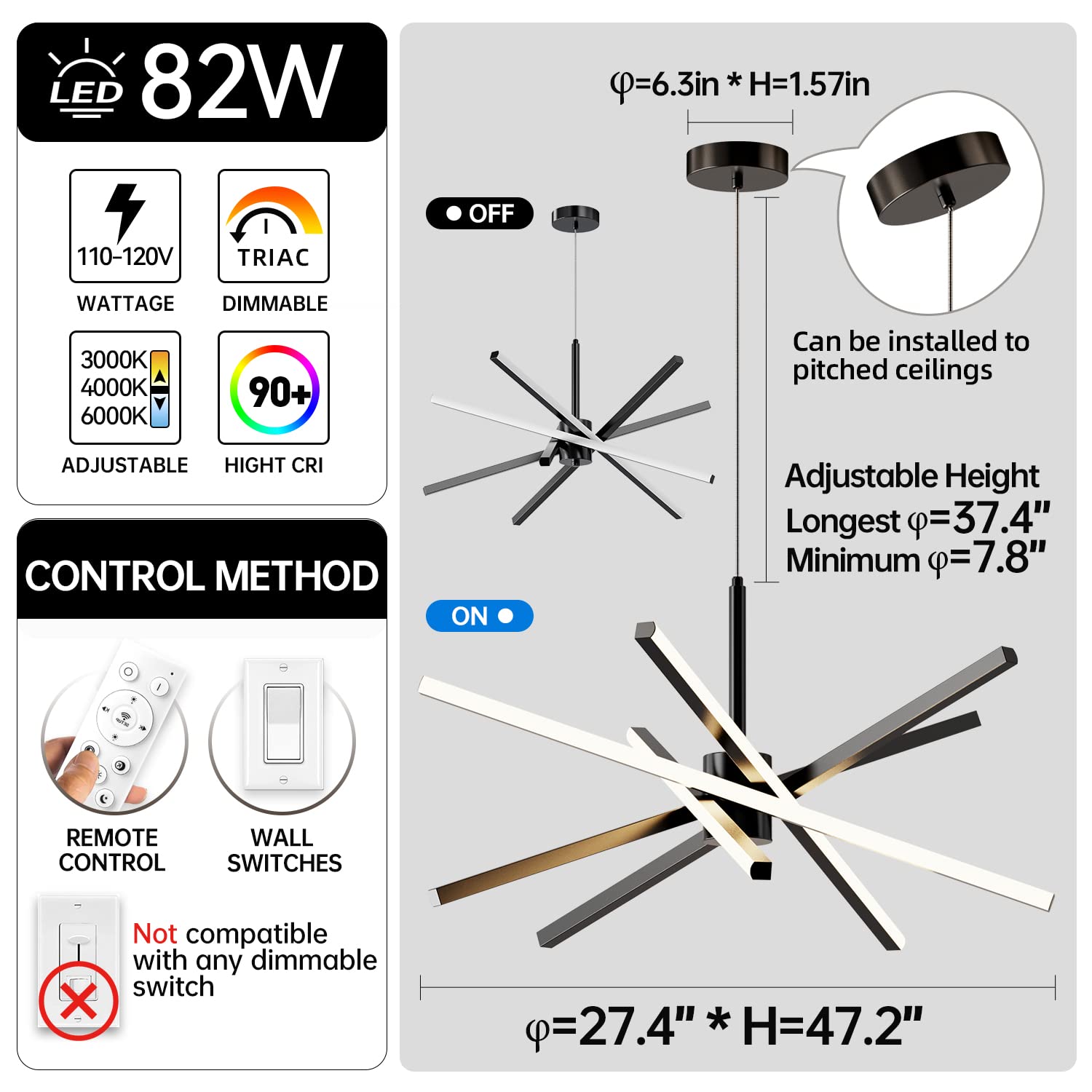 Modern Sputnik Chandelier 82W LED Gold Pendant Light - 31.5 Inch Dimmable Ceiling Fixture with Remote Control | Perfect for Dining Room, Living Room, Kitchen & Bedroom | Elegant Lighting Over Table for Home Decor