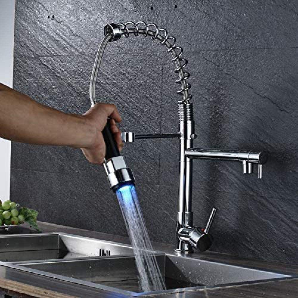 Gougeltd Chrome LED Kitchen Faucet - 360° Rotatable Brass Sink Faucet with Temperature Indicator for Hot & Cold Water - Perfect for Modern Kitchens and Bar Sinks