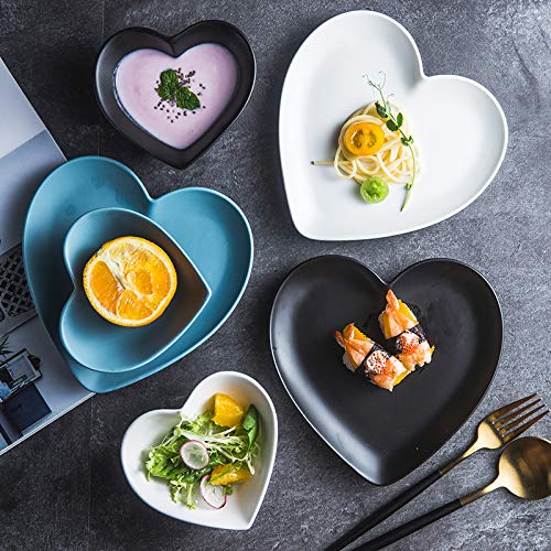 Heart-Shaped Porcelain Side Dish Bowls - Matte Finish Soy Sauce Dishes Set of 4 (Black/White/Blue) | Perfect for Sushi, Dumplings & Asian Cuisine