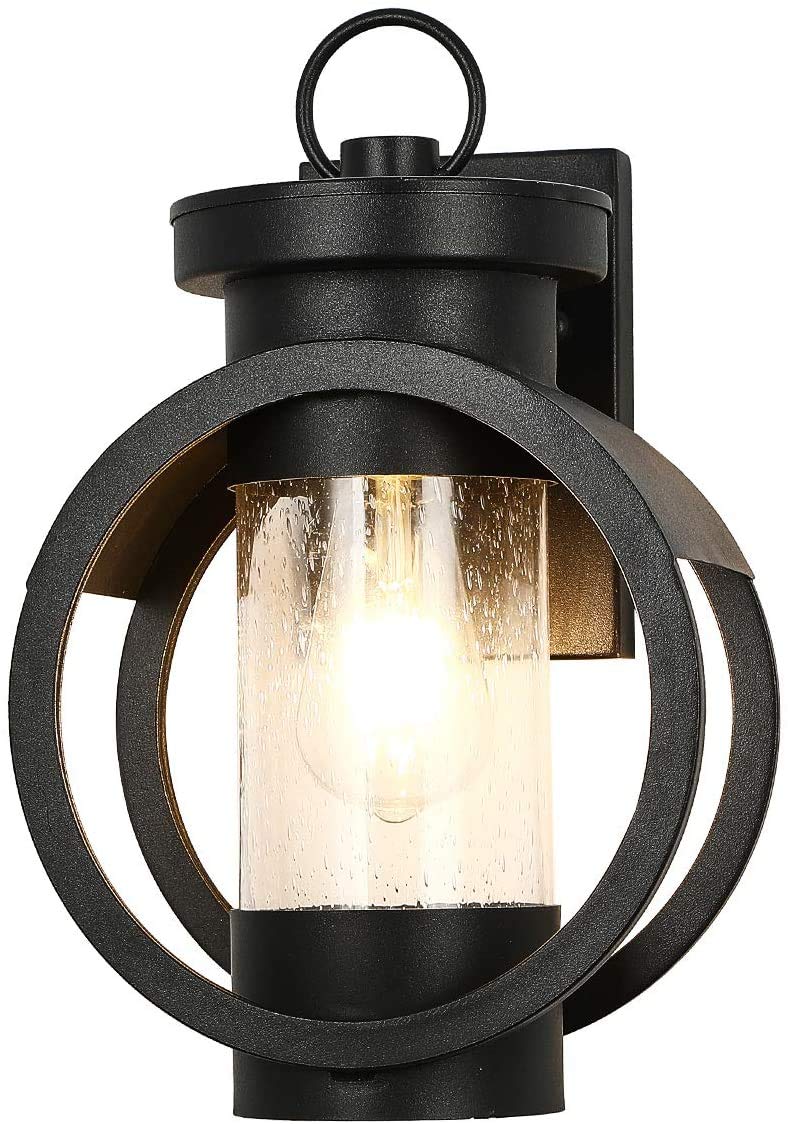 Vintage Industrial Metal Outdoor Wall Lantern - Waterproof Matte Black Porch Light with Seeded Glass - Perfect for Garden, Patio, and Entryway Lighting
