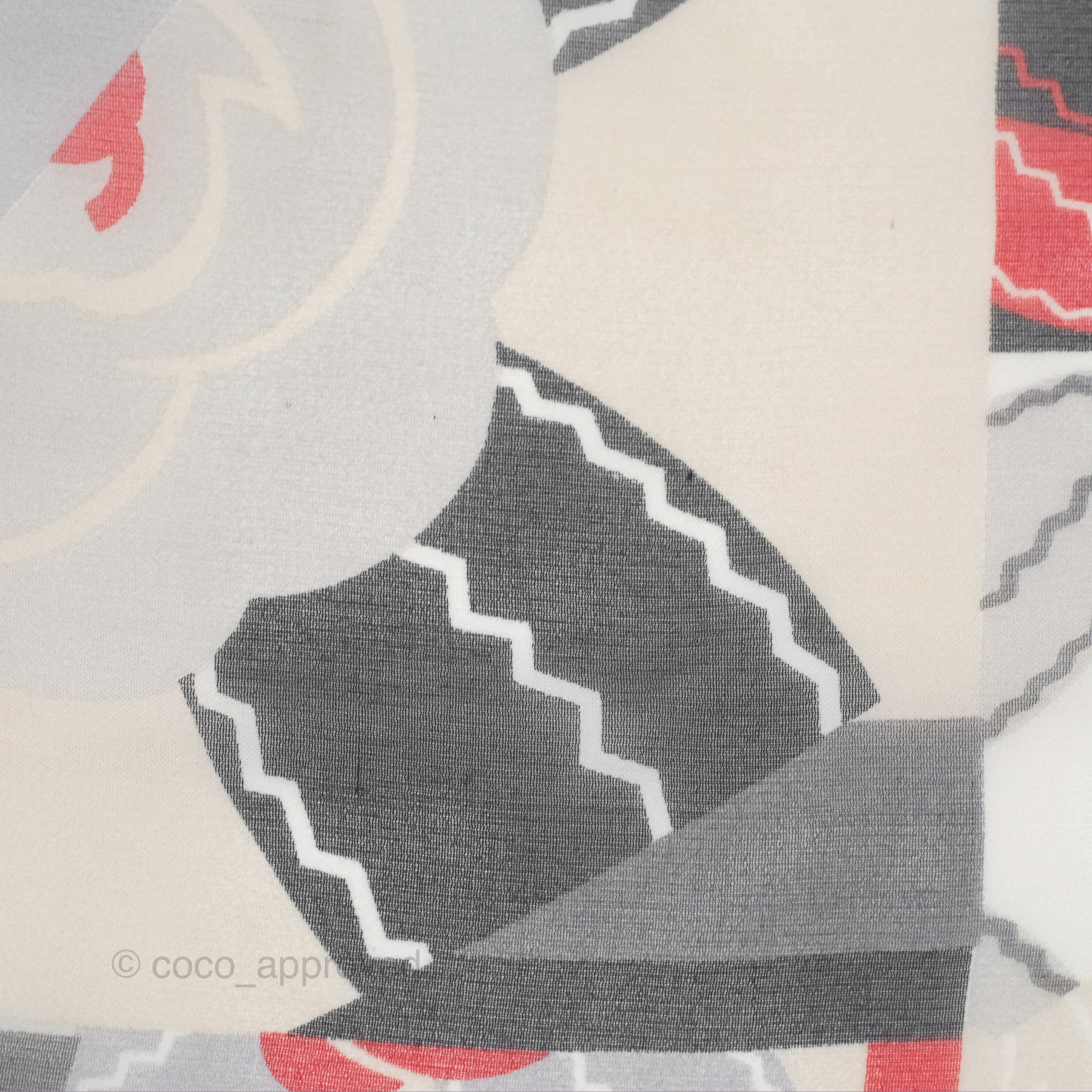 Chanel CC Silk Square Scarf 90 - Elegant Grey Red White Pattern - Luxury Fashion Accessory for Women - Perfect for Gifts, Parties, and Everyday Style