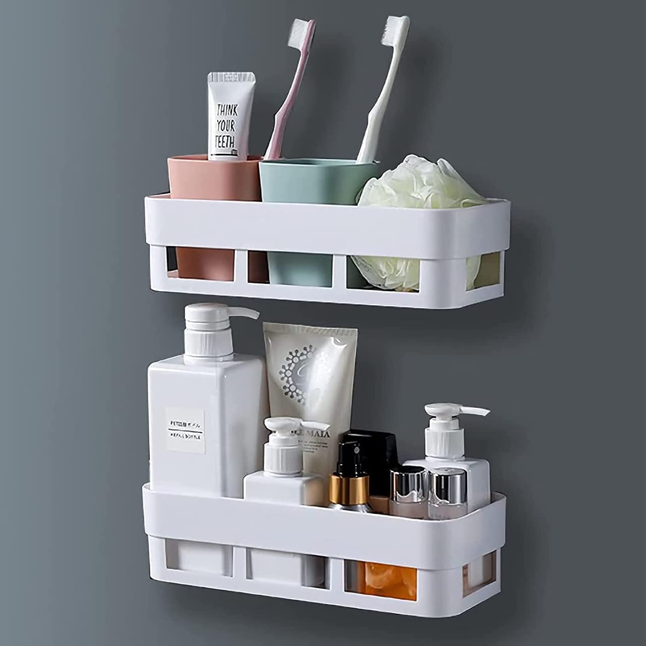 Self Adhesive Bathroom Shelf Organizer - No Drill Wall Mounted Bathroom Storage Rack (2 Pack) - Perfect for Small Bathrooms, Showers & Vanity Organization