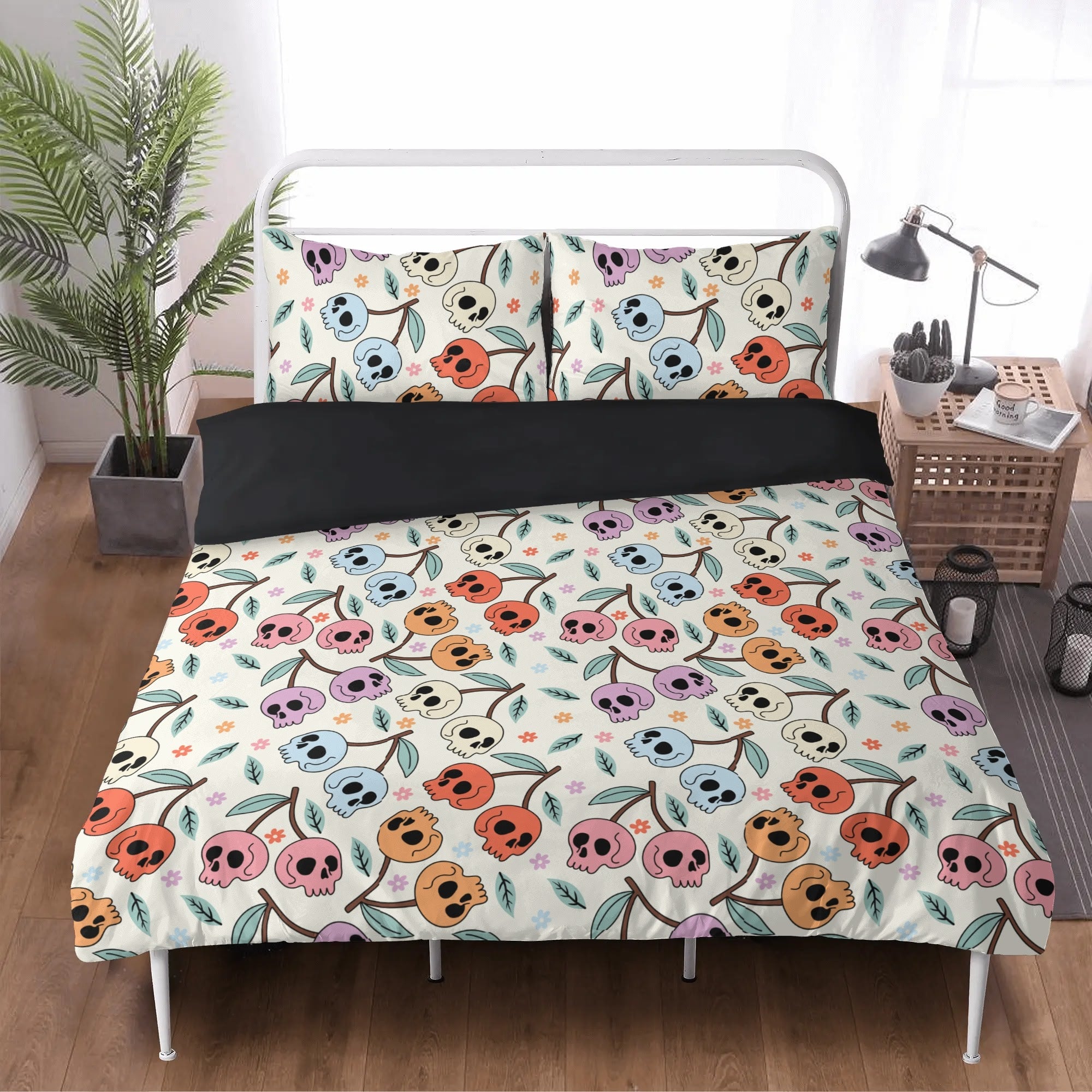 Vibrant Cherry Red Skull Print Bedding Set - 3 Piece Duvet Cover & Pillowcases for Gothic & Punk Decor - Perfect for Teen Bedrooms, Halloween, and Themed Parties
