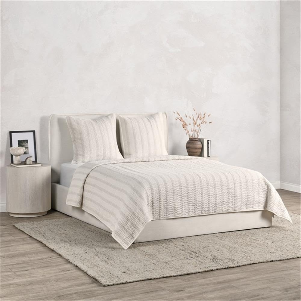 Classic Home Abraham Cotton Linen Queen Quilt Set - Eggshell Beige Bedding for Cozy Comfort | Perfect for Master Bedroom, Guest Room & Luxury Hotel Style