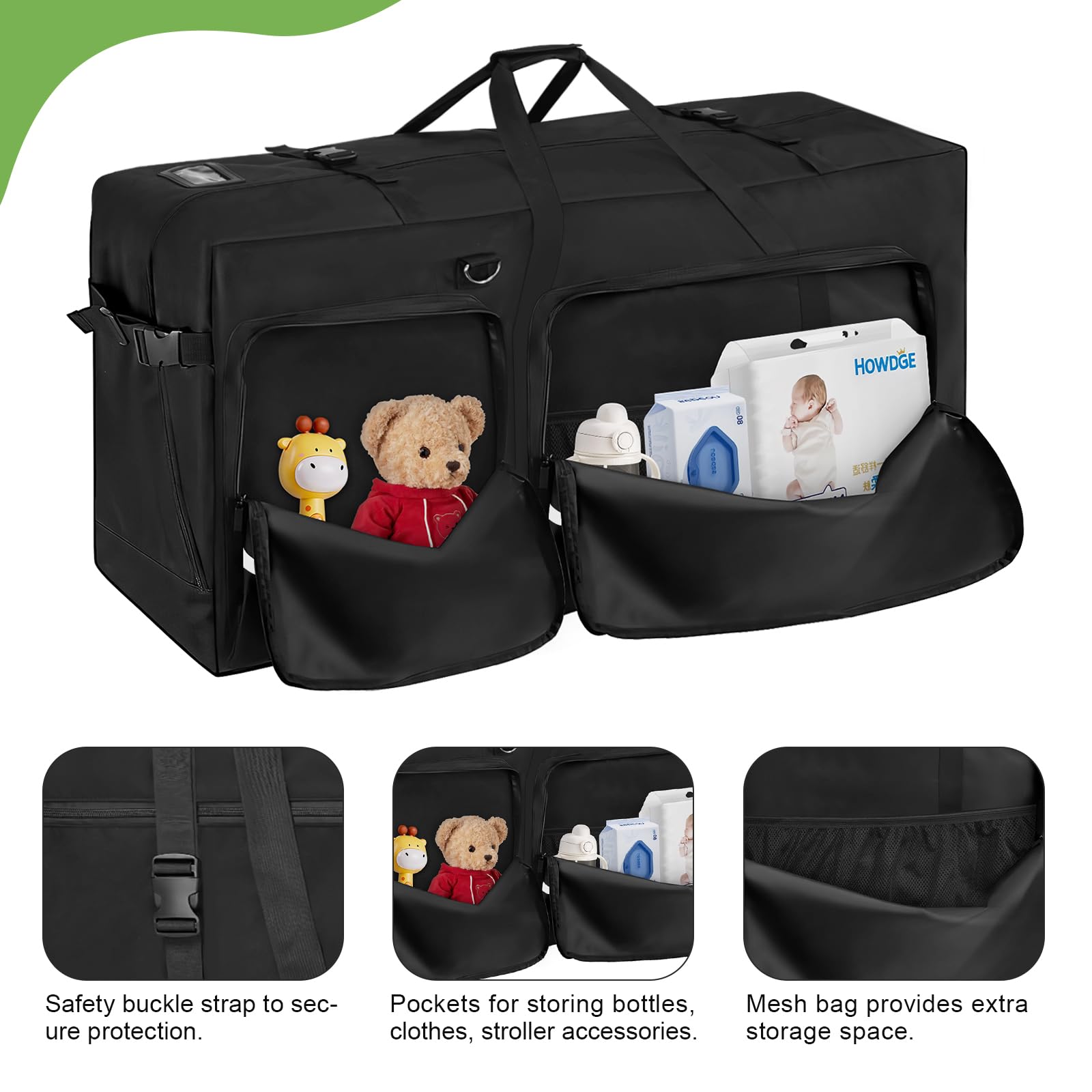 ORKELS Large Stroller Travel Bag - Durable Storage Carrier for Standard, Single, Double & Jogger Strollers - Padded Handles & Adjustable Shoulder Strap - Airplane Gate Check Approved (Black) - Perfect for Air Travel, Road Trips & Daily Storage