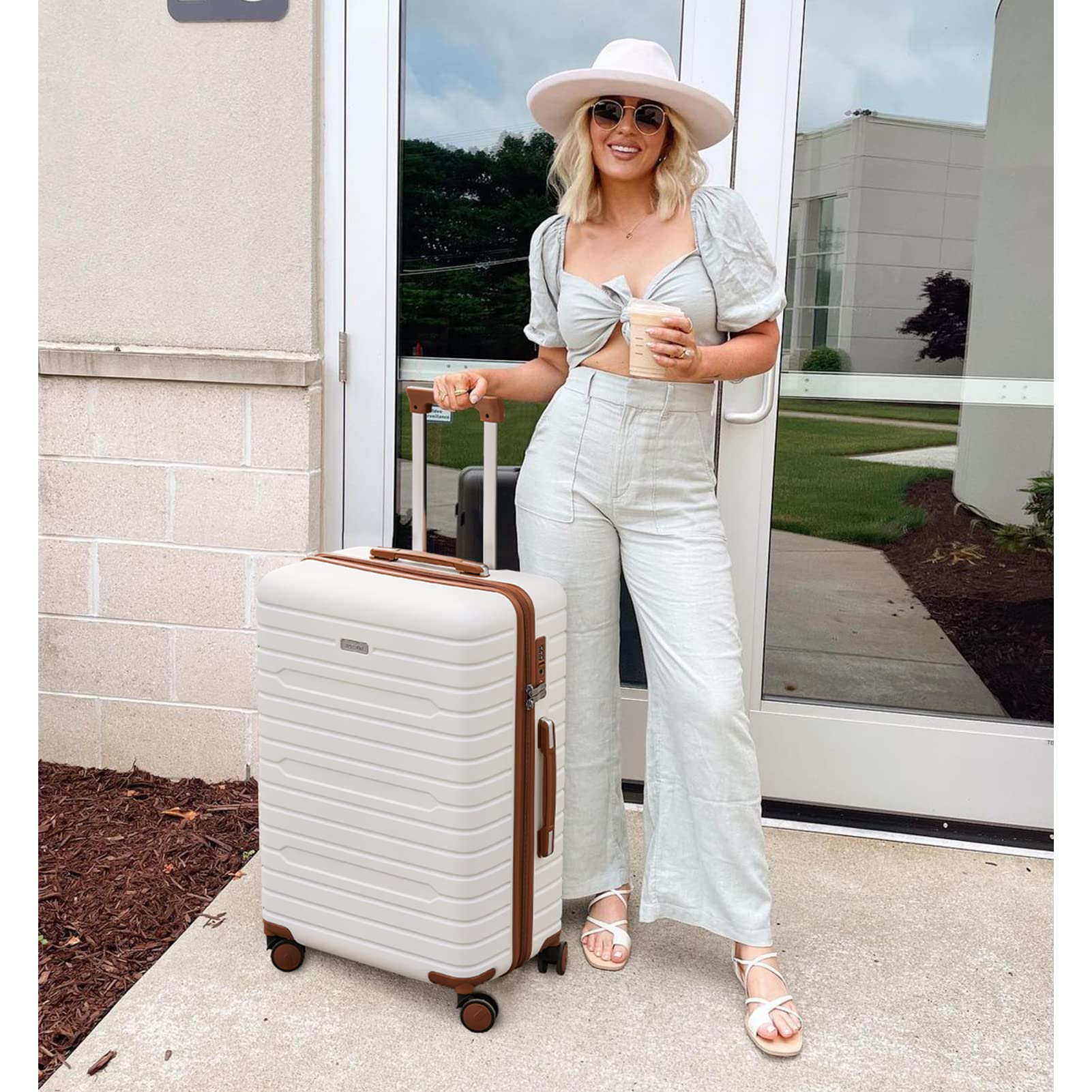 24 Inch Checked Luggage - 100% Polycarbonate Hardside Suitcase with 360° Spinner Wheels & TSA Lock, Medium Travel Luggage for Airplane (Beige) - Perfect for International Flights, Business Trips & Family Vacations