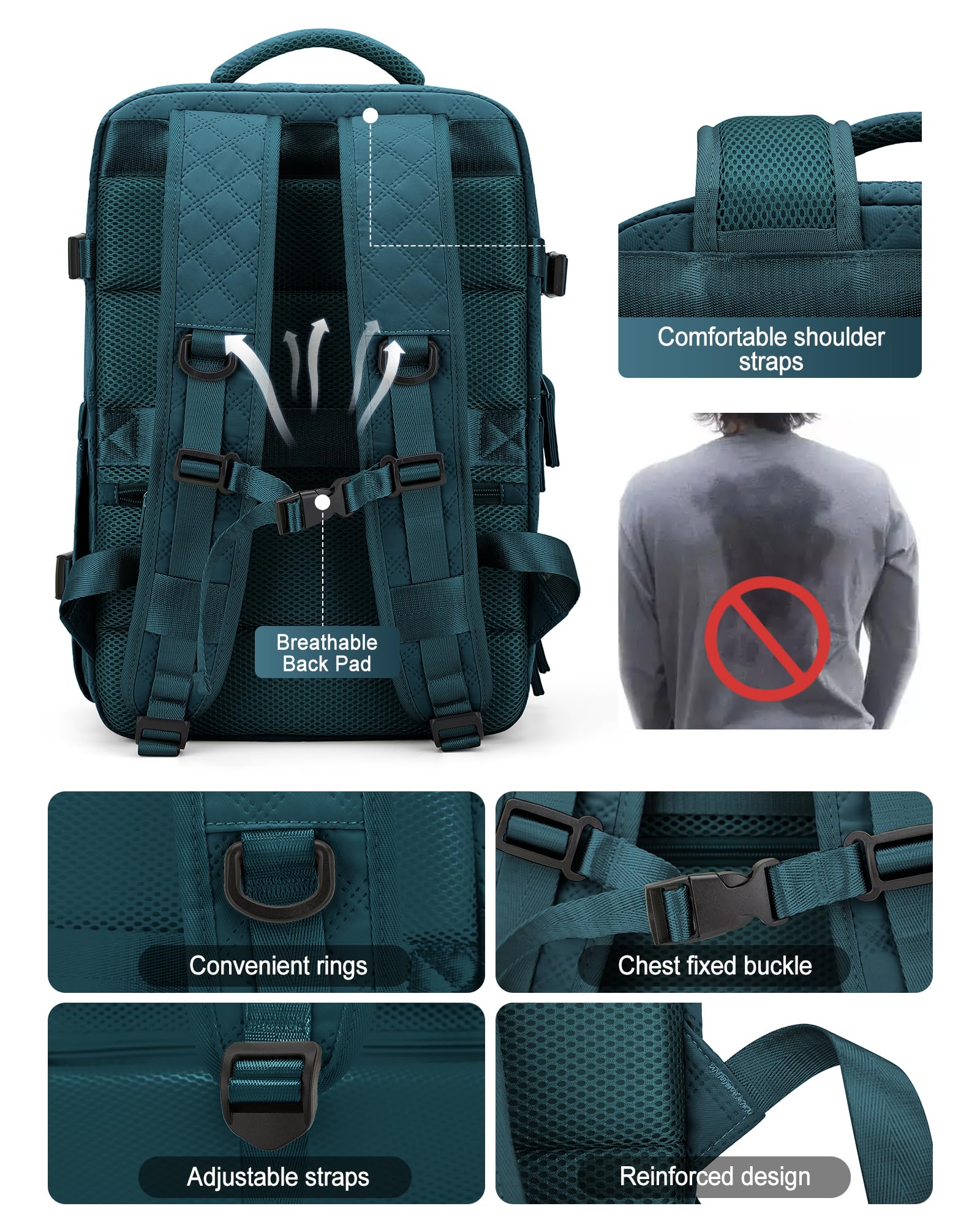 VGCUB Large Travel Backpack for Women & Men - Airline Approved Carry On Backpack, Waterproof Gym & Business Laptop Daypack (Peacock Blue) - Perfect for Air Travel, Work Commute & Outdoor Adventures