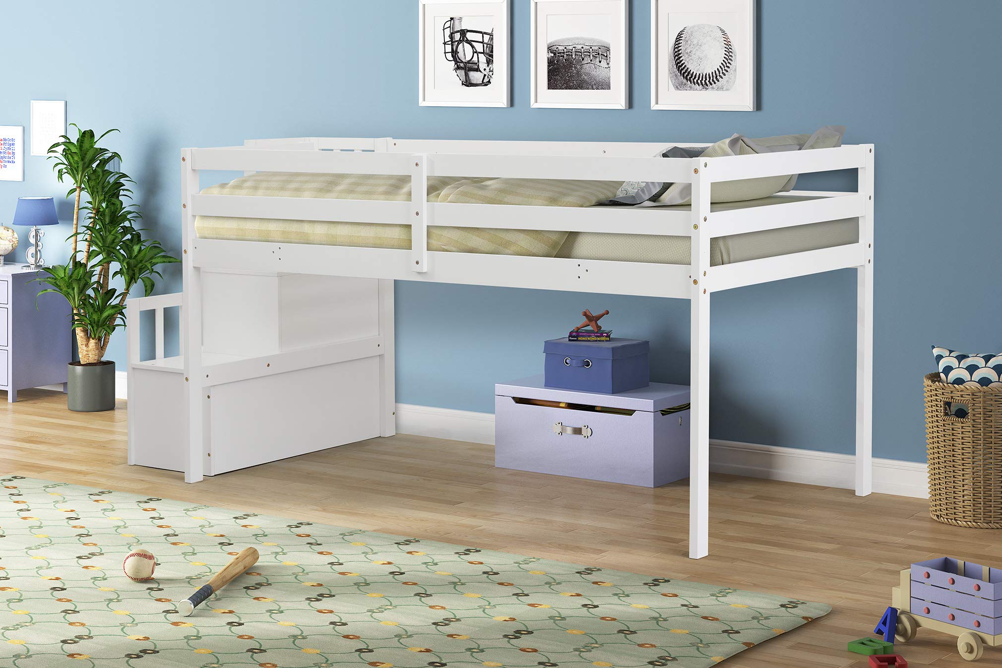Twin Size Solid Wood Loft Bed with Staircase Storage Shelf - Kids Bunk Bed with Ladder & Shelves - Space Saving White Wooden Bed for Small Rooms - Perfect for Kids Bedrooms, Dorms & Tiny Homes