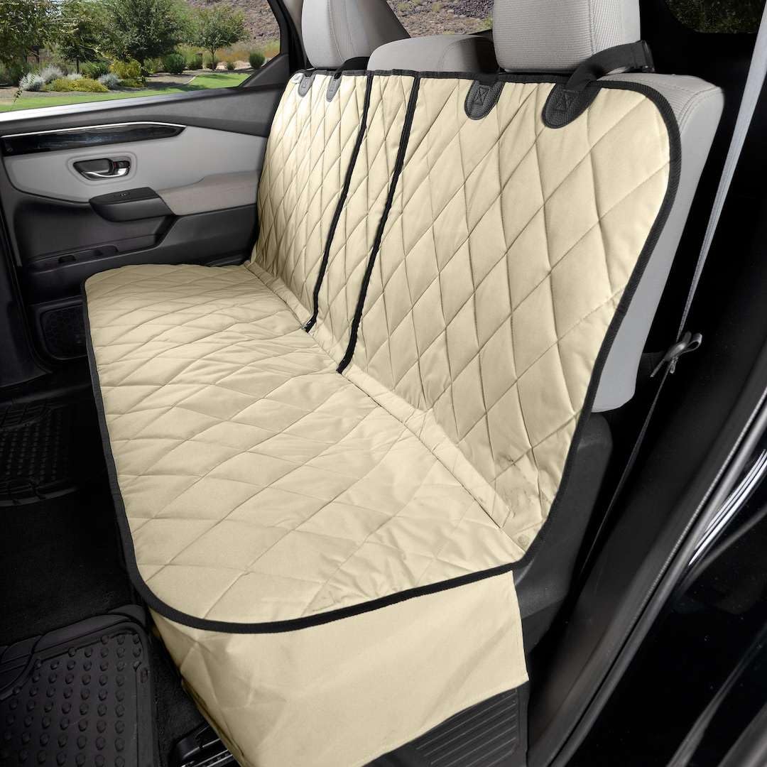 4Knines Heavy Duty Waterproof Dog Seat Cover for Back Seat - Extra Large Tan Pet Car Seat Protector Fits 60/40 Split Bench Trucks, SUVs & Cars | Non-Slip Middle Seat Belt Design | Perfect for Road Trips, Pet Travel & Daily Commutes