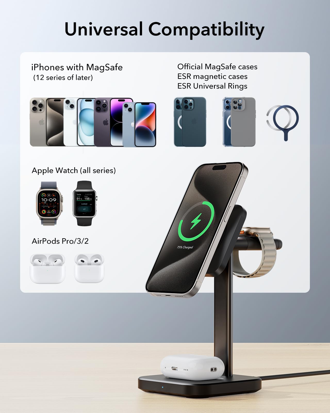 ESR 3-in-1 MagSafe Wireless Charging Station - Fast Magnetic Charger Stand for iPhone 16/15/14/13/12 Series, Apple Watch (Certified), AirPods 4/3/Pro - Perfect for Nightstand, Office Desk & Travel (Black)
