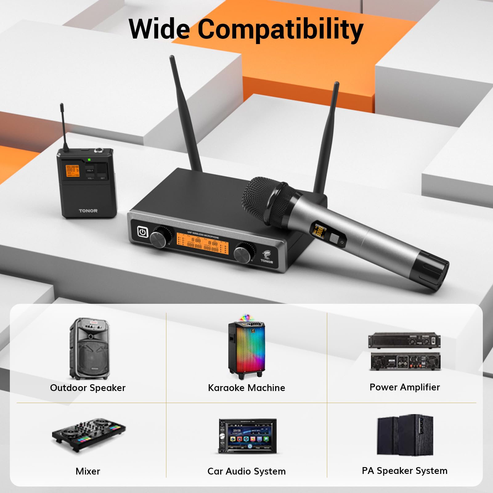 TONOR Wireless Microphone System - UHF Metal Headset, Lapel & Handheld Mics with Bodypack Transmitter & Receiver | 2x15 Channels, 200ft Range | Perfect for Karaoke, Church Services, Live Performances, DJ Events & Public Speaking