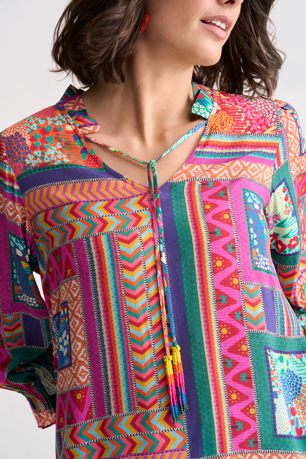 Beaded Tassel Kaftan Dress - Tropical Patchwork Boho Maxi Cover Up for Beach, Pool & Summer Vacations
