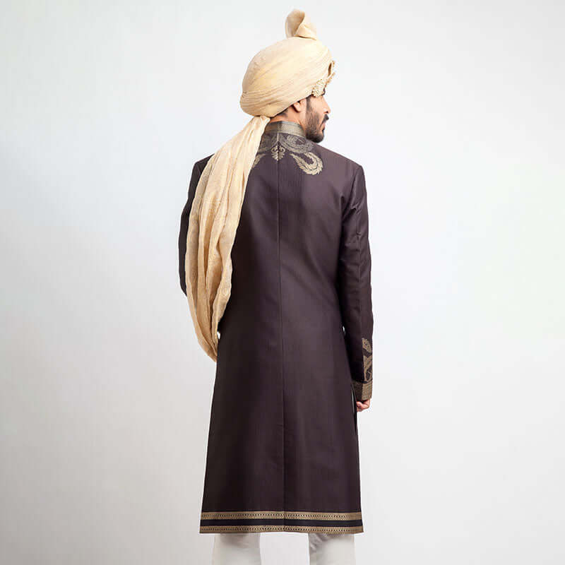 Antique Dull Gold and Charcoal Brocade Sherwani for Men | Traditional Indian Wedding Attire | Perfect for Ethnic Weddings, Festivals & Special Occasions