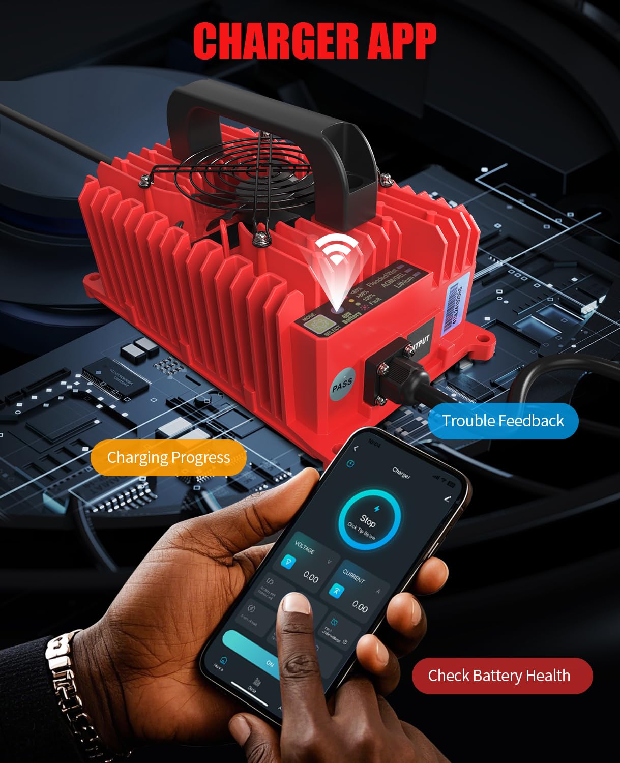 48V 15A Golf Cart Battery Charger for Club Car DS/Precedent - IP68 Waterproof Smart Charger with 3-Pin Round Plug & Trickle Charge (Red) - Perfect for Golf Carts, Utility Vehicles & Outdoor Power Equipment