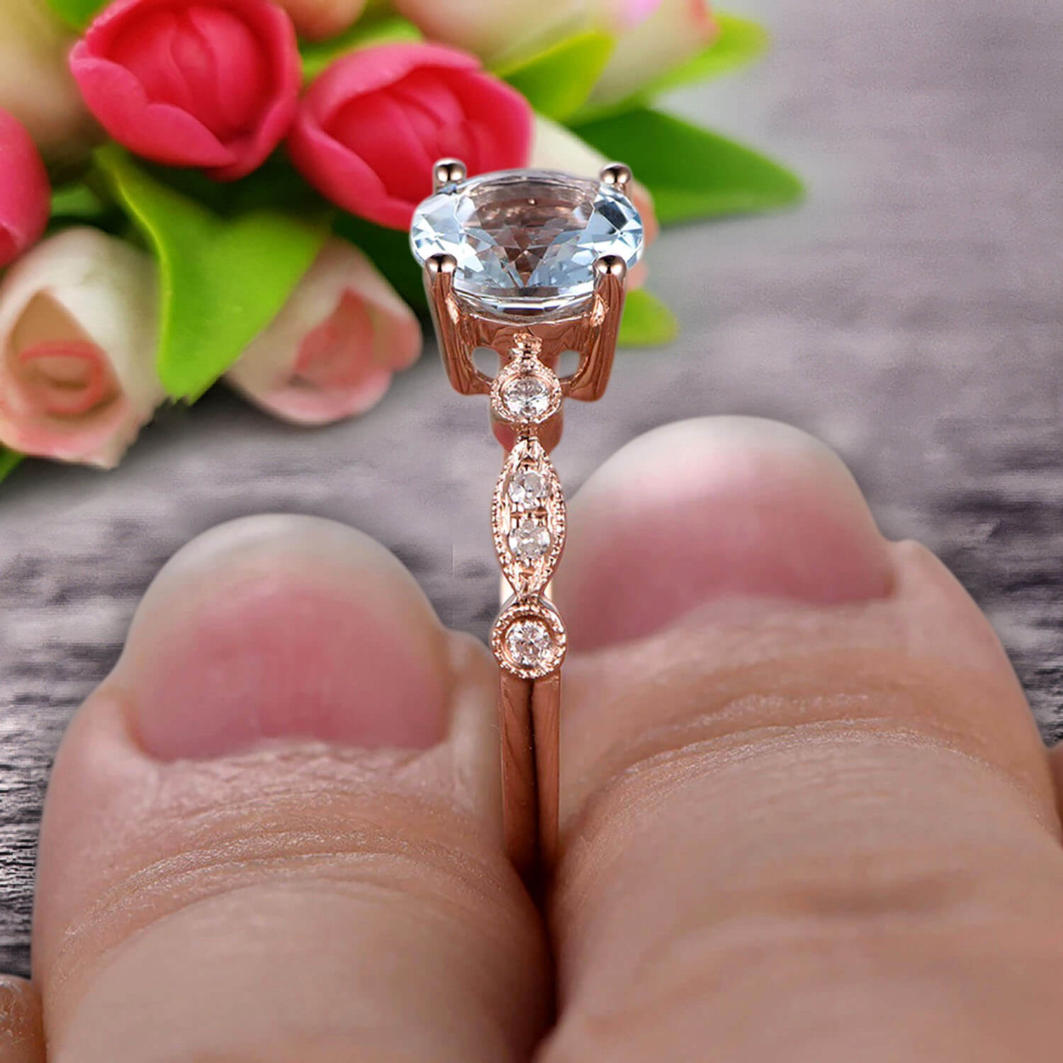 1.25 Carat Round Cut Aquamarine Engagement Ring in 10k Rose Gold - Art Deco Vintage Style for Wedding Proposal, Anniversary Gift, Bridal Jewelry