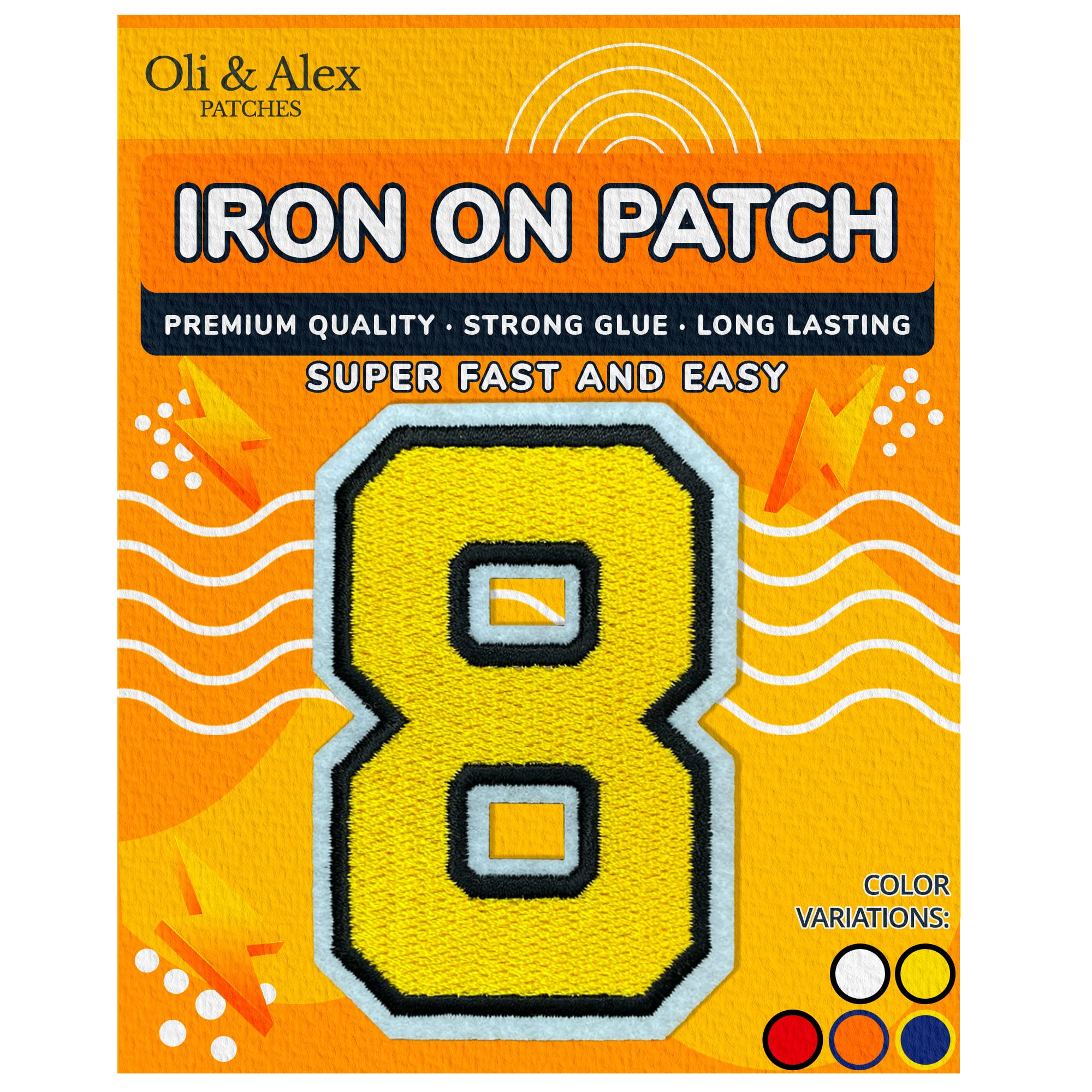 Yellow Iron On Patches - 8 Number Embroidered Applique for Clothes Repair & Decoration - No Sew Fabric Transfer - Super Glue Included | Perfect for DIY Jackets, Jeans, Backpacks & Costume Customization