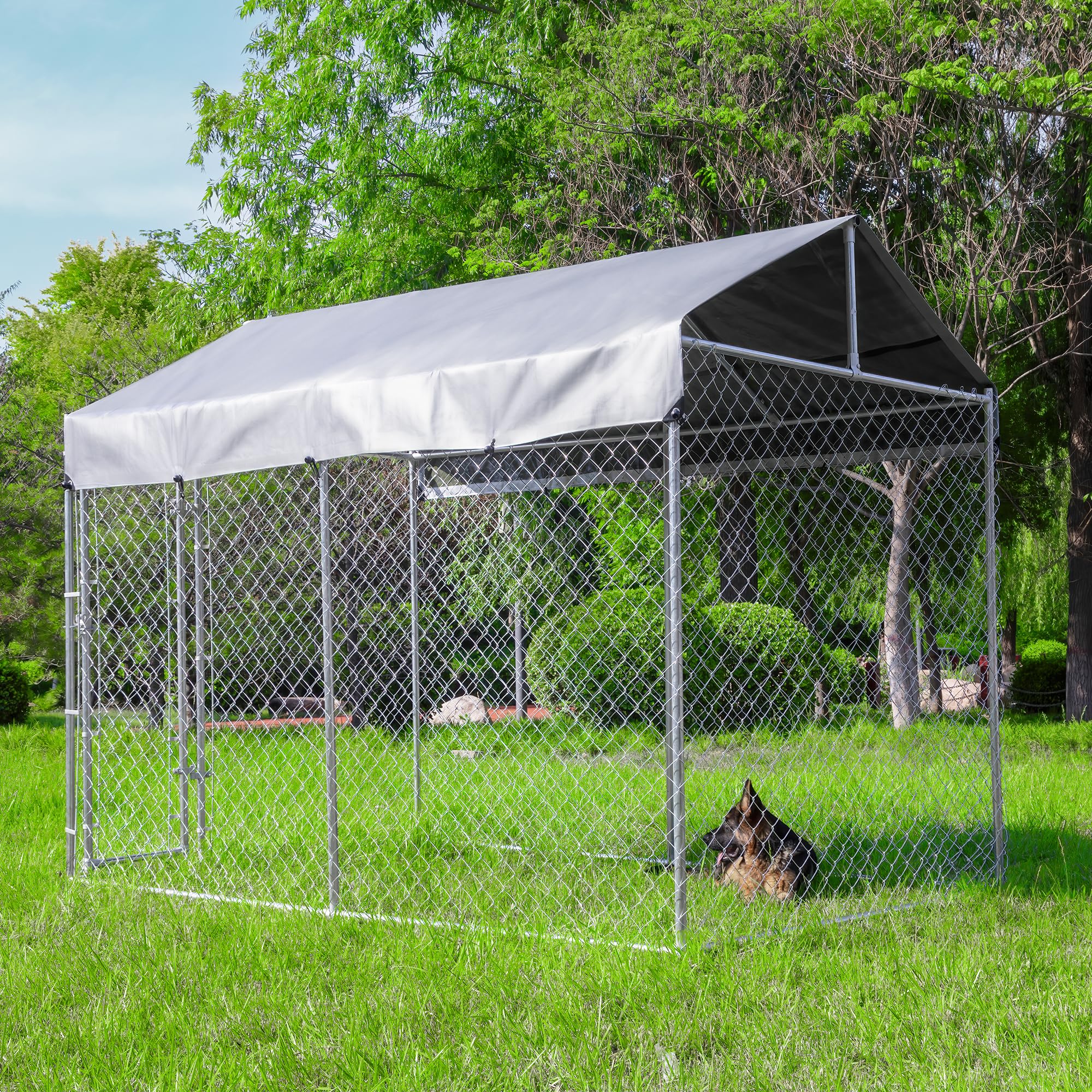 Extra Large Outdoor Dog Kennel - Heavy Duty Galvanized Steel Rust-Proof Dog Crate with Roof, Waterproof UV-Resistant Cover & Secure Lock - Perfect for Backyard, Kennel Runs, and Pet Safety