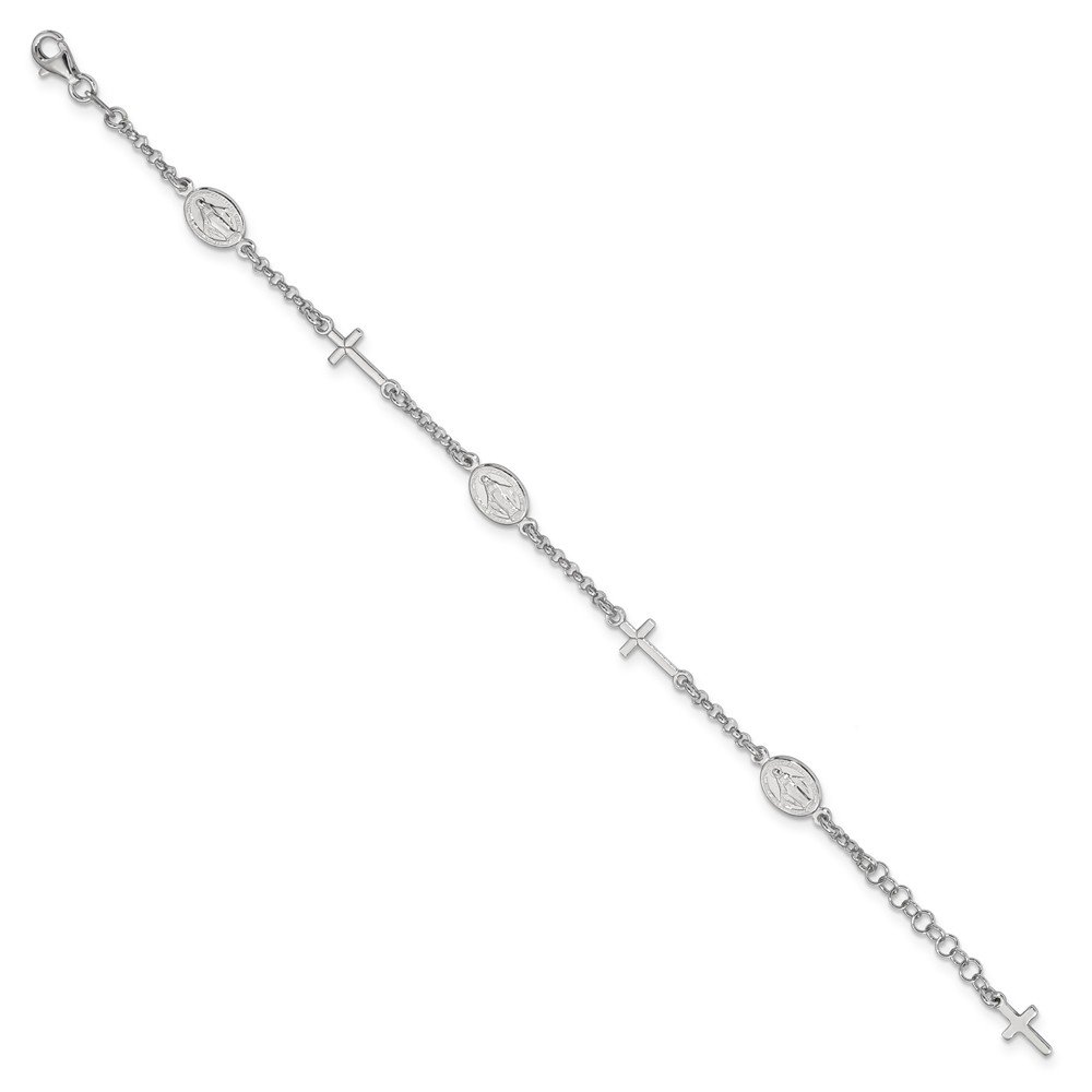 925 Sterling Silver Cross & Virgin Mary Pendant Charm Bracelet with Lobster Clasp - Religious Jewelry for Prayer & Protection - Perfect for Baptism, First Communion & Daily Faith Wear (7.5