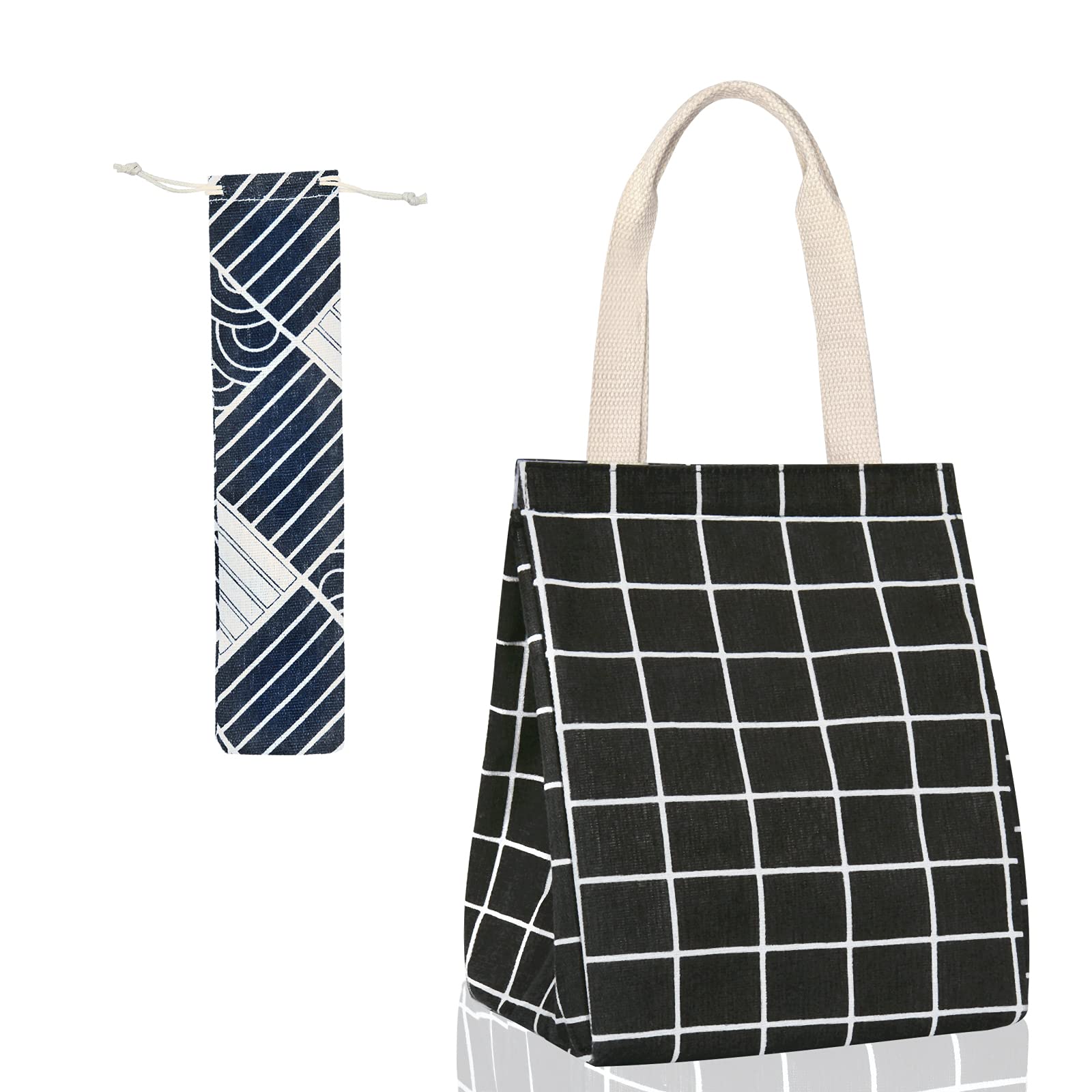 Insulated Lunch Bag Reusable & Waterproof - Eco-Friendly Canvas Lunch Box with Aluminum Foil Lining - Portable Lunch Tote for Work, School, Picnic - Cute Handbag for Women & Men (Black Checkered) | Perfect for Office, Outdoor Activities & Daily Commute