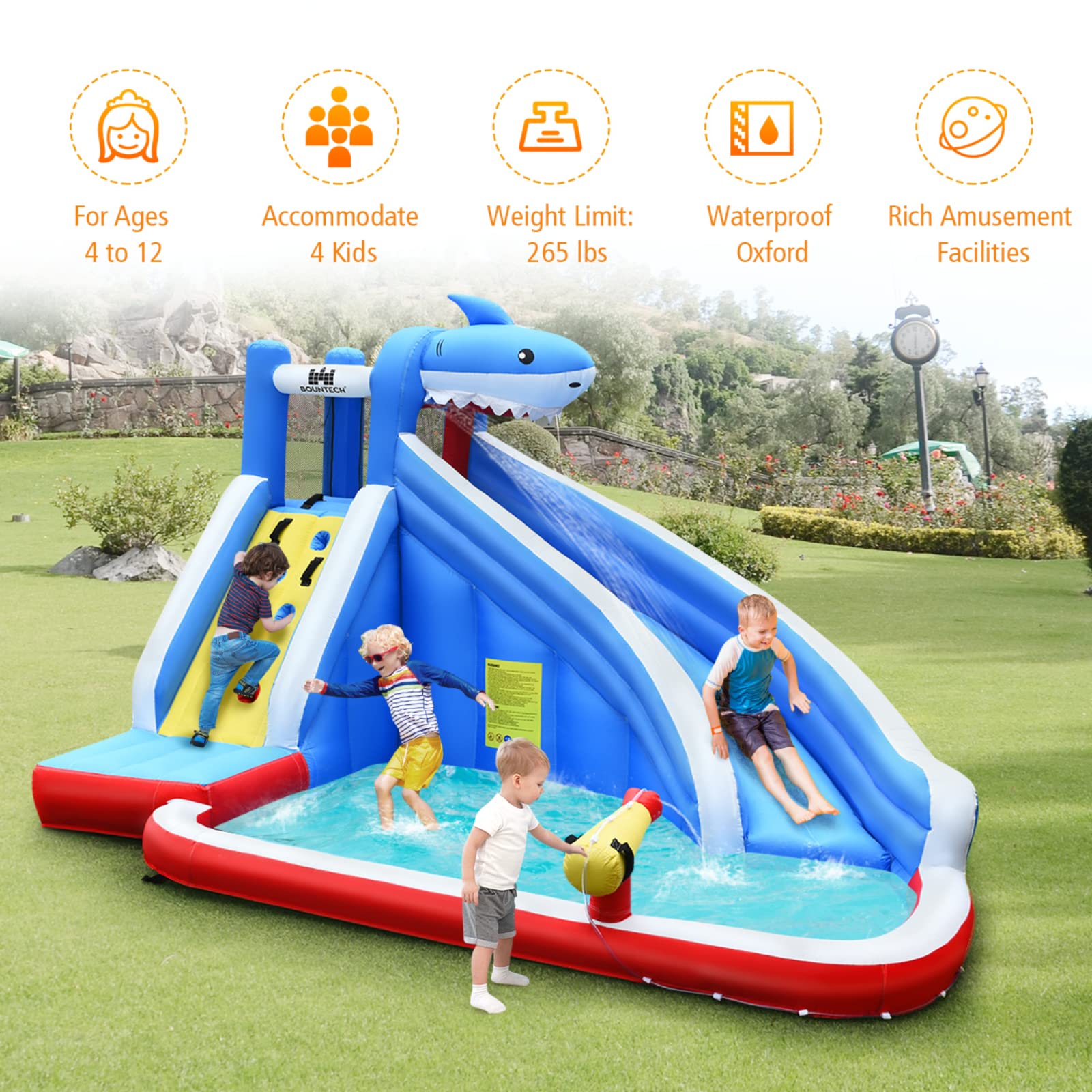 BOUNTECH Inflatable Water Slide with Shark Theme - 18ft Long Slide, Splash Pool & 750W Blower - Backyard Water Park for Kids & Adults - Perfect for Summer Parties, Birthday Gifts & Outdoor Family Fun