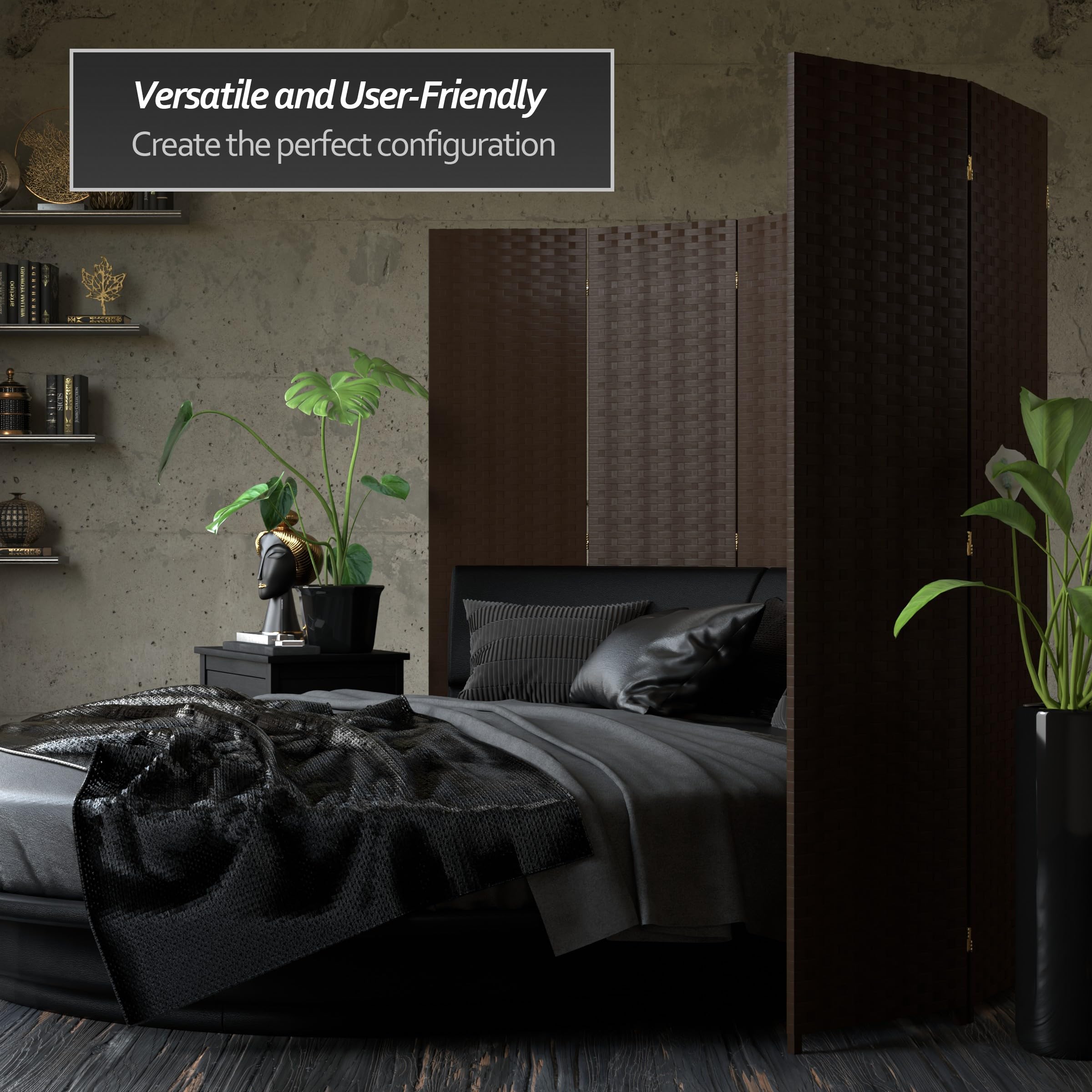 6 ft Tall Red Lantern Woven Fiber Room Divider Screen - 3 Panel Dark Mocha Partition for Living Room, Bedroom & Office Privacy