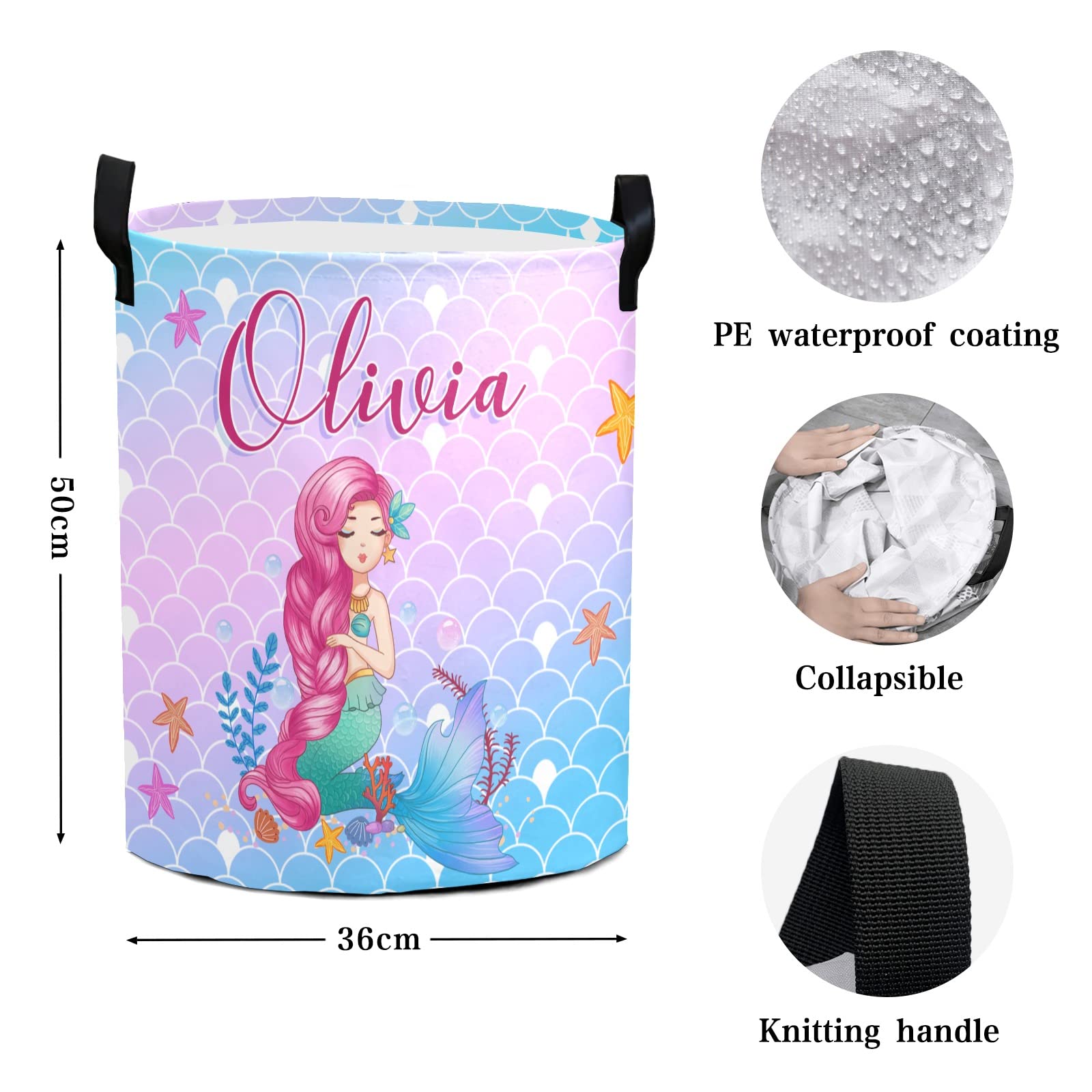 Personalized Mermaid Laundry Basket for Girls - Custom Name Kids Laundry Hamper with Handles - Perfect for Nursery, Bedroom & Bathroom Organization (Style 04)