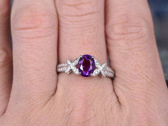 14K White Gold Handmade Purple Amethyst Engagement Ring - 6x8mm Oval Cut Diamond Butterfly Flower Promise Ring for Women | Wedding, Anniversary, Valentine's Day Gift