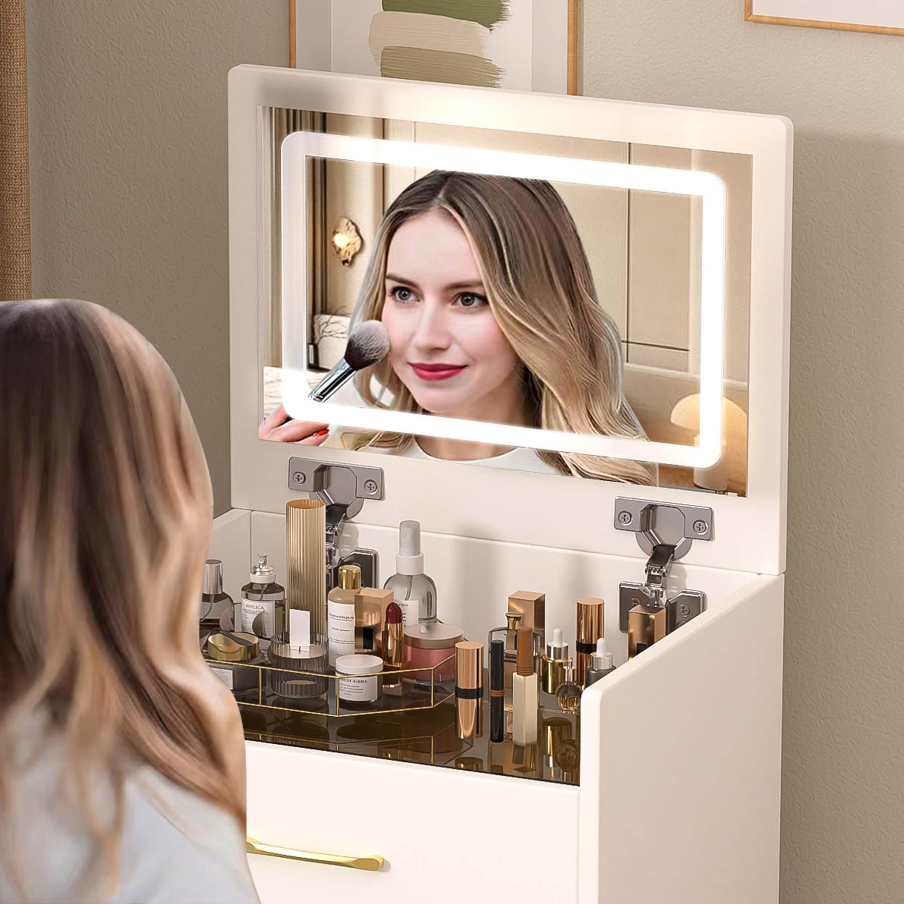 3 in 1 Compact Vanity Desk with Flip-Up Mirror & LED Lights - Small Makeup Table with 3 Drawers, Storage Stool & Glass Top - Multifunctional Dressing Table for Bedroom, Bathroom or Dorm Room - White (Medium)