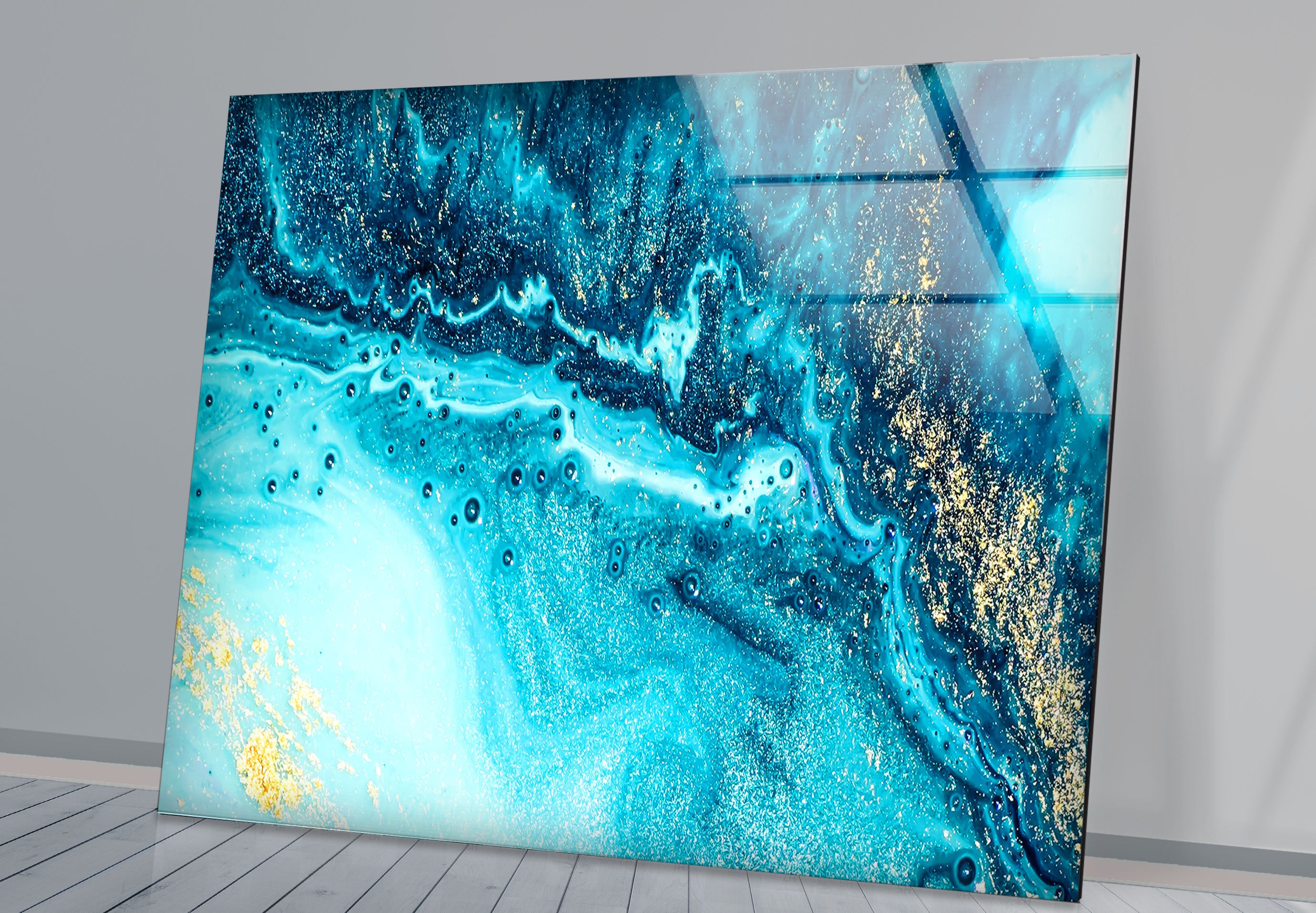 Blue and Gold Abstract Wall Art - Ocean Inspired Glass Print Design for Living Room, Bedroom & Office Decor | Modern Coastal Home Decor