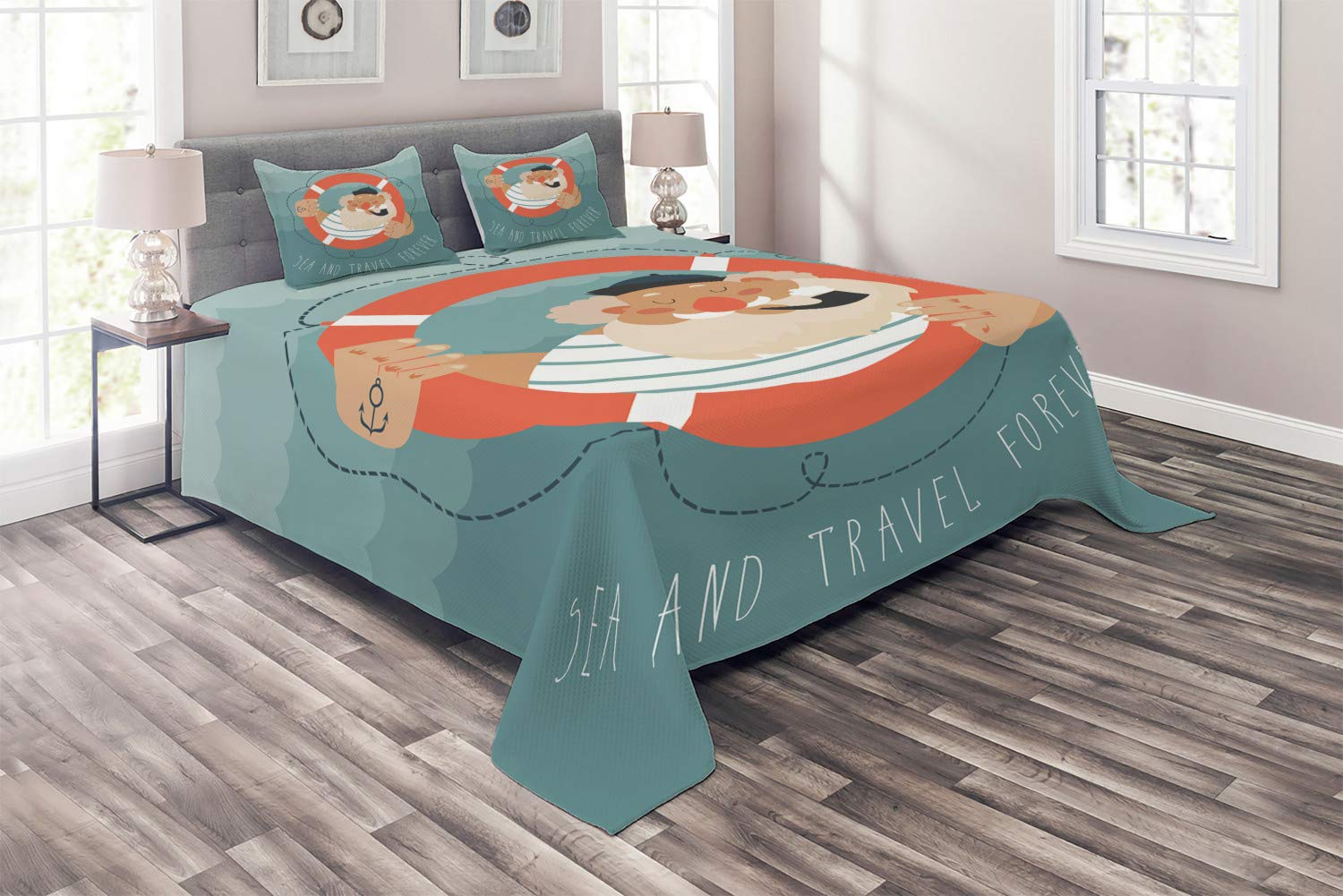 Ambesonne Vintage Nautical Tattoo Quilt Set - 3 Piece Sailor Striped Bedspread with 2 Pillow Shams, King Size Burnt Sienna Blue Grey - Coastal Bedroom Decor for Beach House or Nautical Theme Room