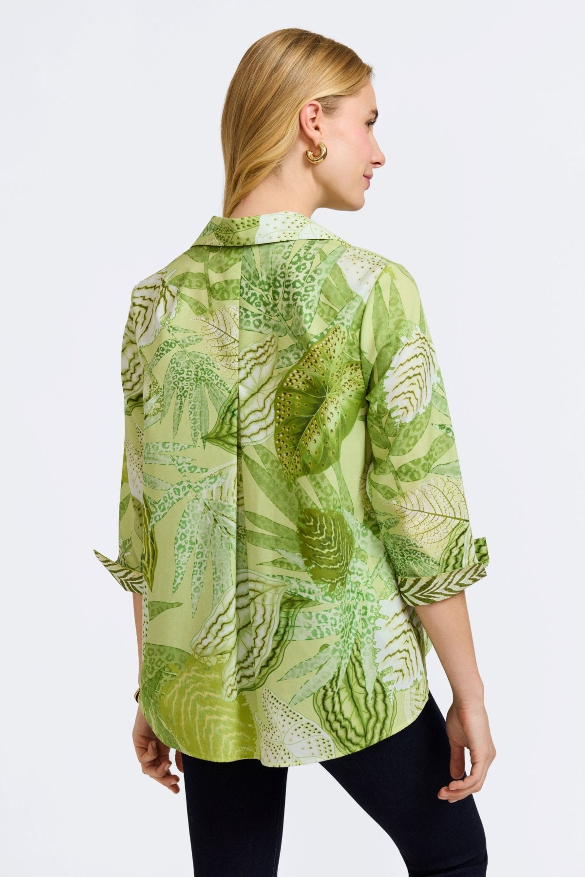 Agnes Jungle Leaves 3/4 Sleeve Popover Shirt for Women - Tropical Floral Print Casual Blouse - Perfect for Vacation, Beach Outings & Summer Fashion