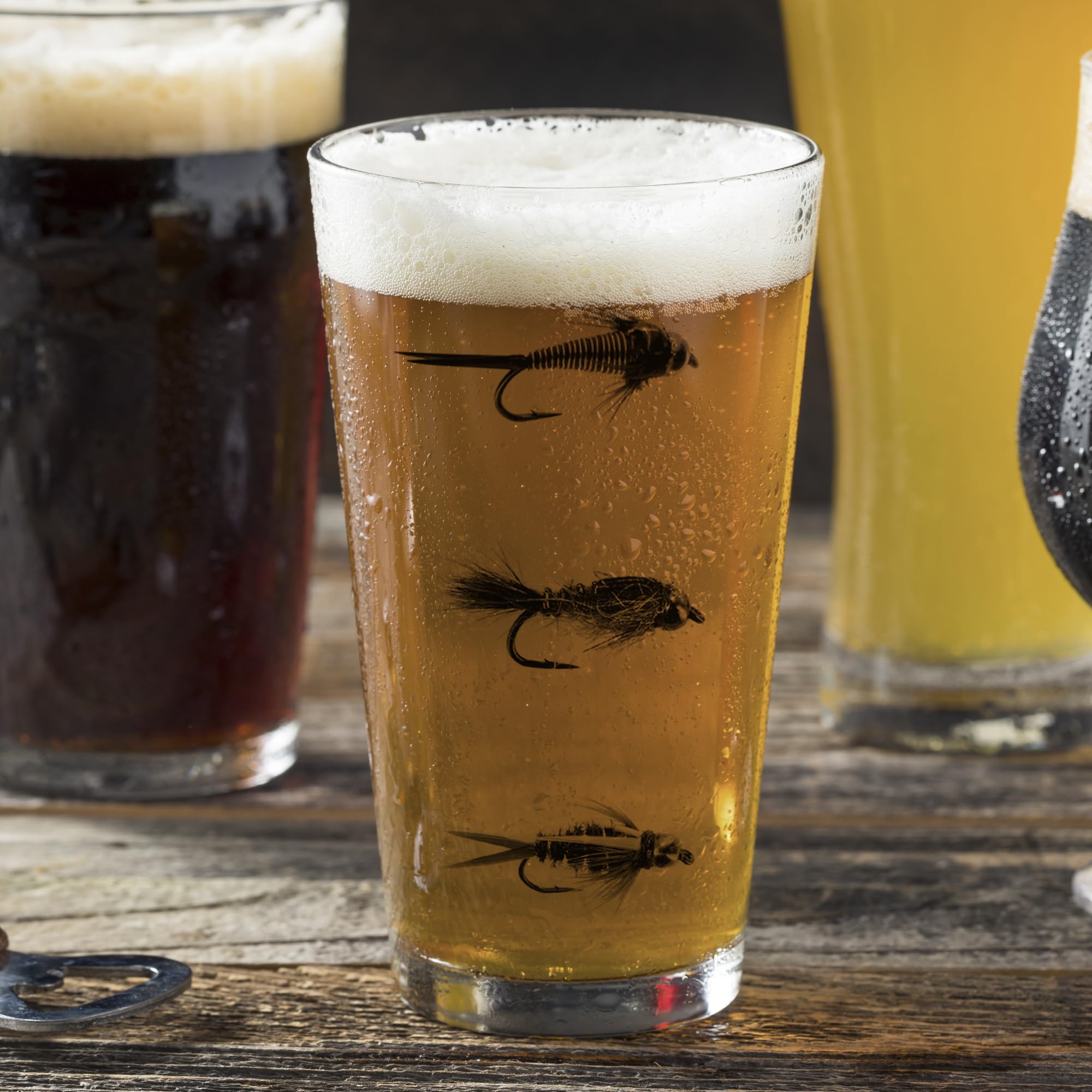 Set of 2 Fly Fishing Themed 16oz Pint Glasses - Black Lantern Beer Mugs for Home Bar, Camping & Outdoor Adventures