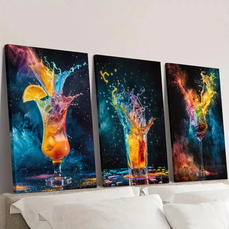 3-Piece Colorful Drink Splashes Wall Art Set - Starry Night Inspired Framed Canvas Paintings 40x60cm - High Quality Print, 100% Australian Made - Ready to Hang for Living Room, Bedroom or Bar Decor